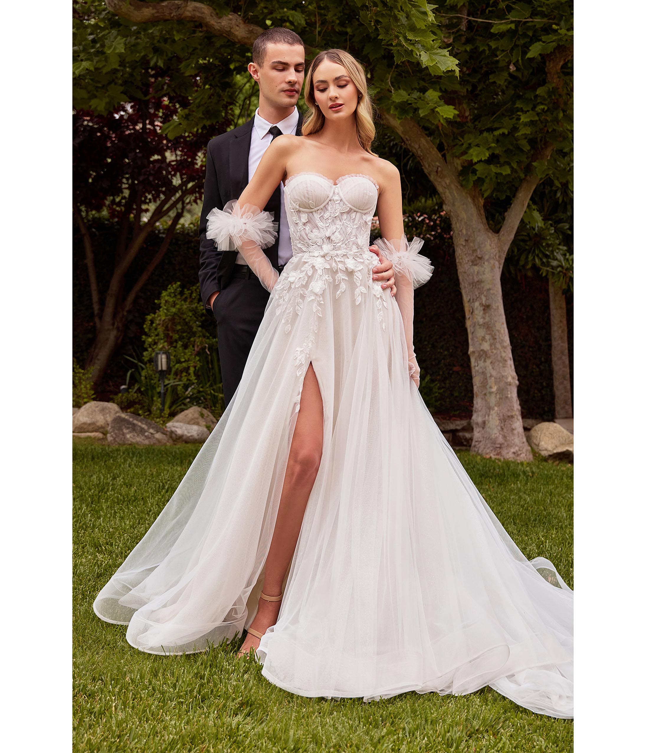 Ladivine by Cinderella Divine Off White Floral Strapless Wedding Dress with Gloves - Elegant Bridal Gown for Romantic Ceremonies & Photoshoots