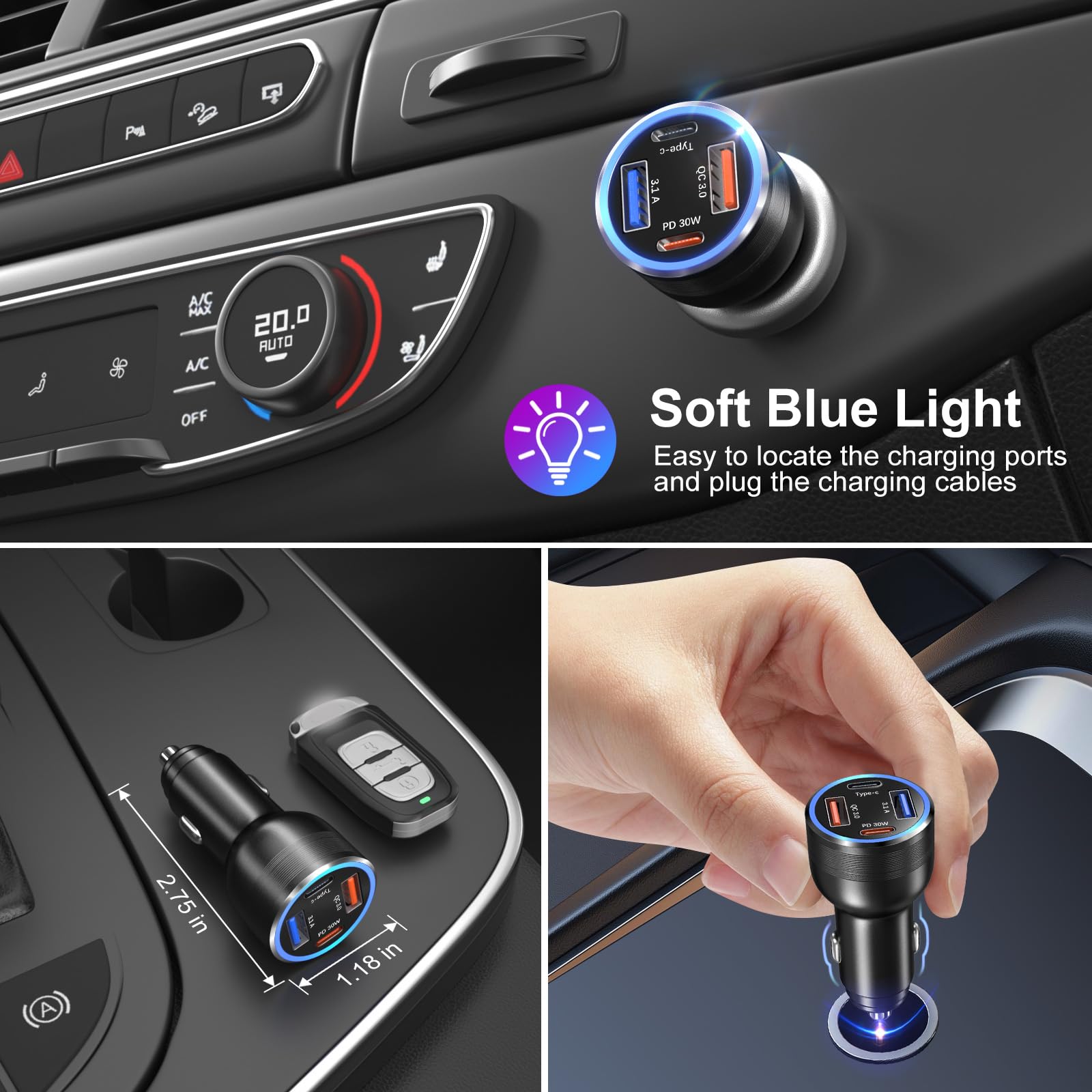 65W USB C Car Charger with 4 Ports - PD/QC 3.0 Fast Charging Adapter for iPhone 15/14/13/12/11, Samsung Galaxy, Google Pixel & Android Phones - Perfect for Road Trips & Daily Commutes