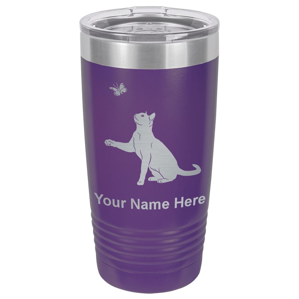 LaserGram 20oz Vacuum Insulated Stainless Steel Tumbler Mug with Cat & Butterfly Design - Personalized Engraved Gift, Leakproof & Sweatproof (Dark Purple) - Perfect for Coffee, Tea, Cold Drinks at Home, Office or Travel