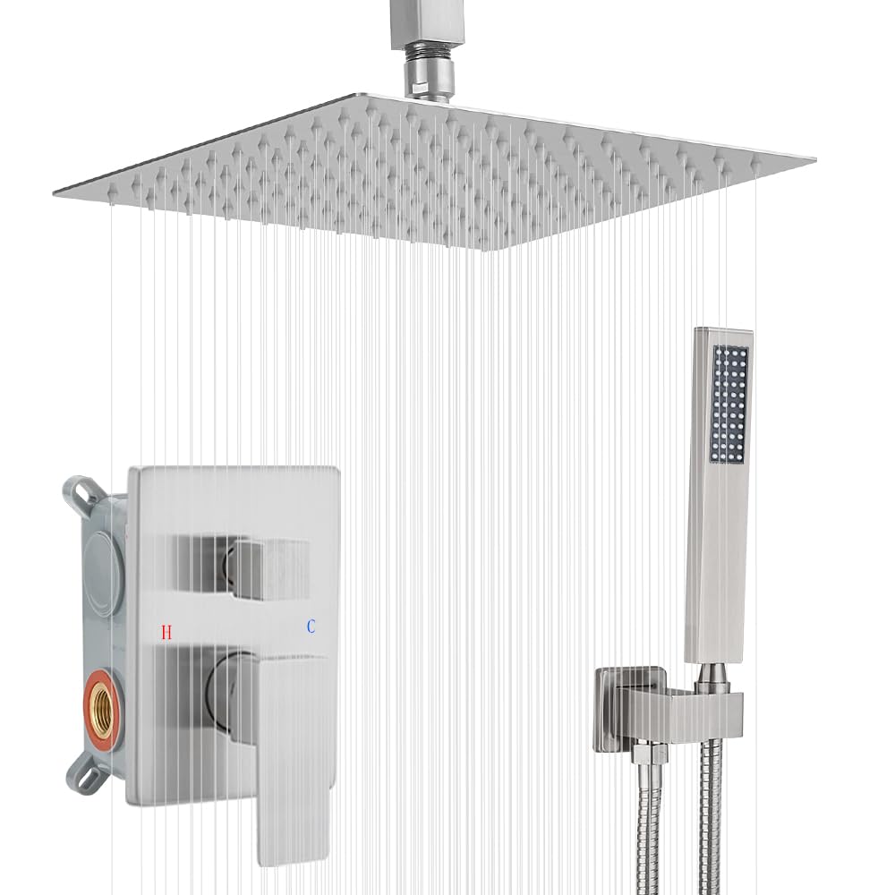 Luxury 10 Inch Rain Shower Head with Handheld - Brushed Nickel Ceiling Mount High Pressure Shower System Combo Set (Includes Faucet Rough-in Valve & Trim) - Perfect for Modern Bathrooms & Spa-Like Experience