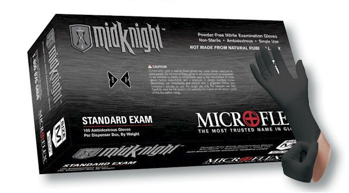 Microflex MK 296 MidKnight Powder-Free Black Nitrile Gloves - 300 Count Box, Disposable, Latex-Free, Chemical Resistant for Medical, Dental, Tattoo, Food Service & Industrial Use