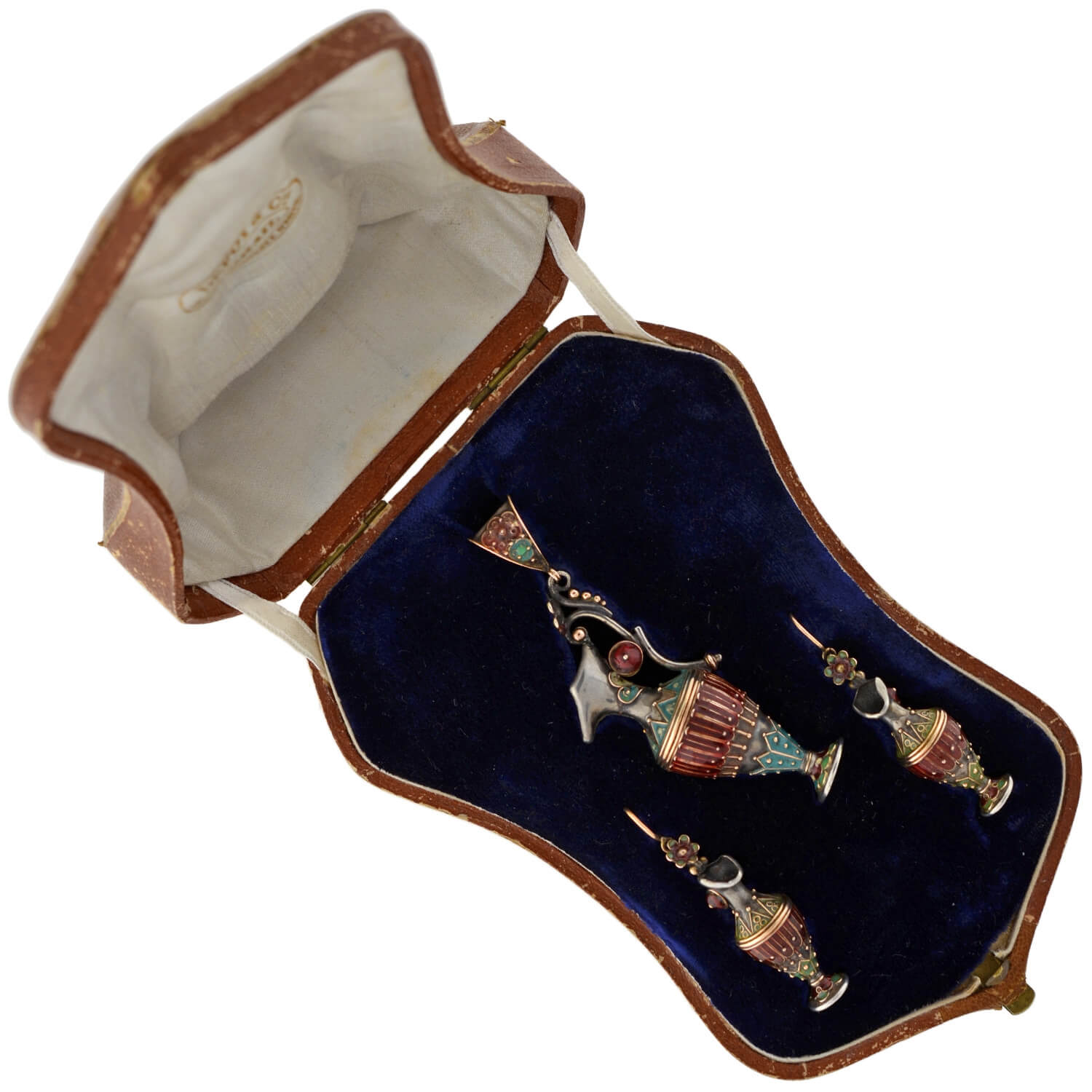 Victorian Sterling Silver Enameled Etruscan Urn Earrings and Pendant Set - Elegant Antique Jewelry for Women, Perfect for Weddings, Parties & Special Occasions