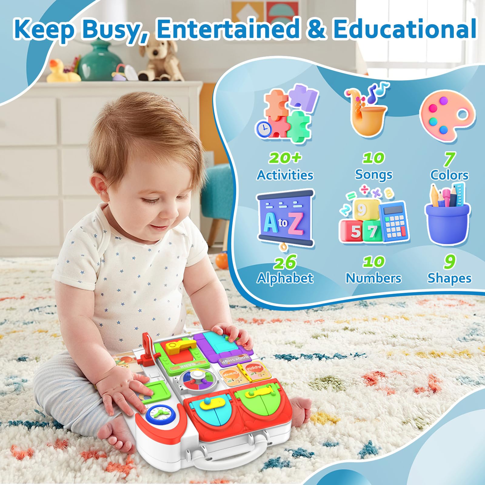 Montessori Busy Board for Toddlers 1-3 Years - Musical Educational Toy for Boys & Girls 12-18 Months - Fine Motor Skills Development Activity Board - Perfect Birthday Gift for 1+ Year Olds - Ideal for Home Learning & Travel Playtime