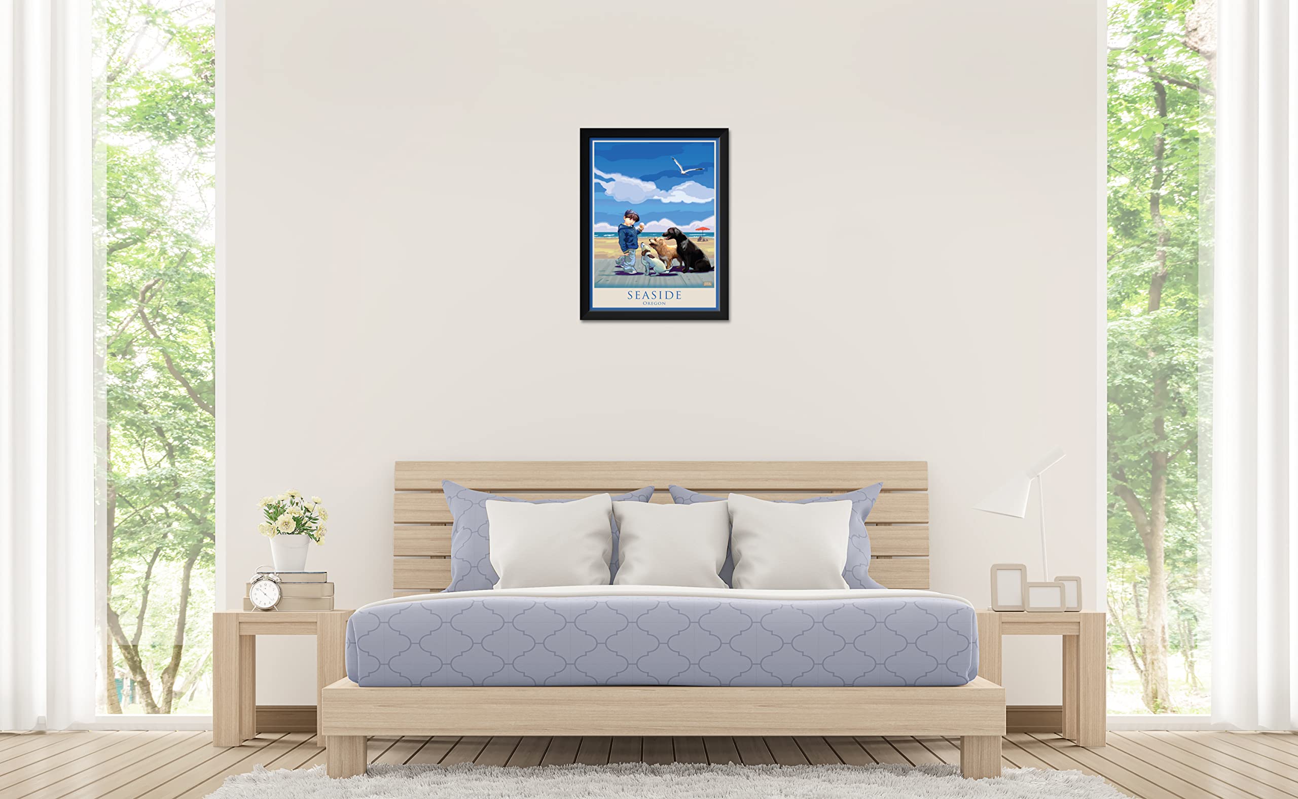 Seaside Oregon Dog Beach Art Print - Professionally Framed 20x26 Inch Dog Painting by Joanne Kollman - Perfect for Pet Lovers Home Decor & Coastal Themed Living Rooms