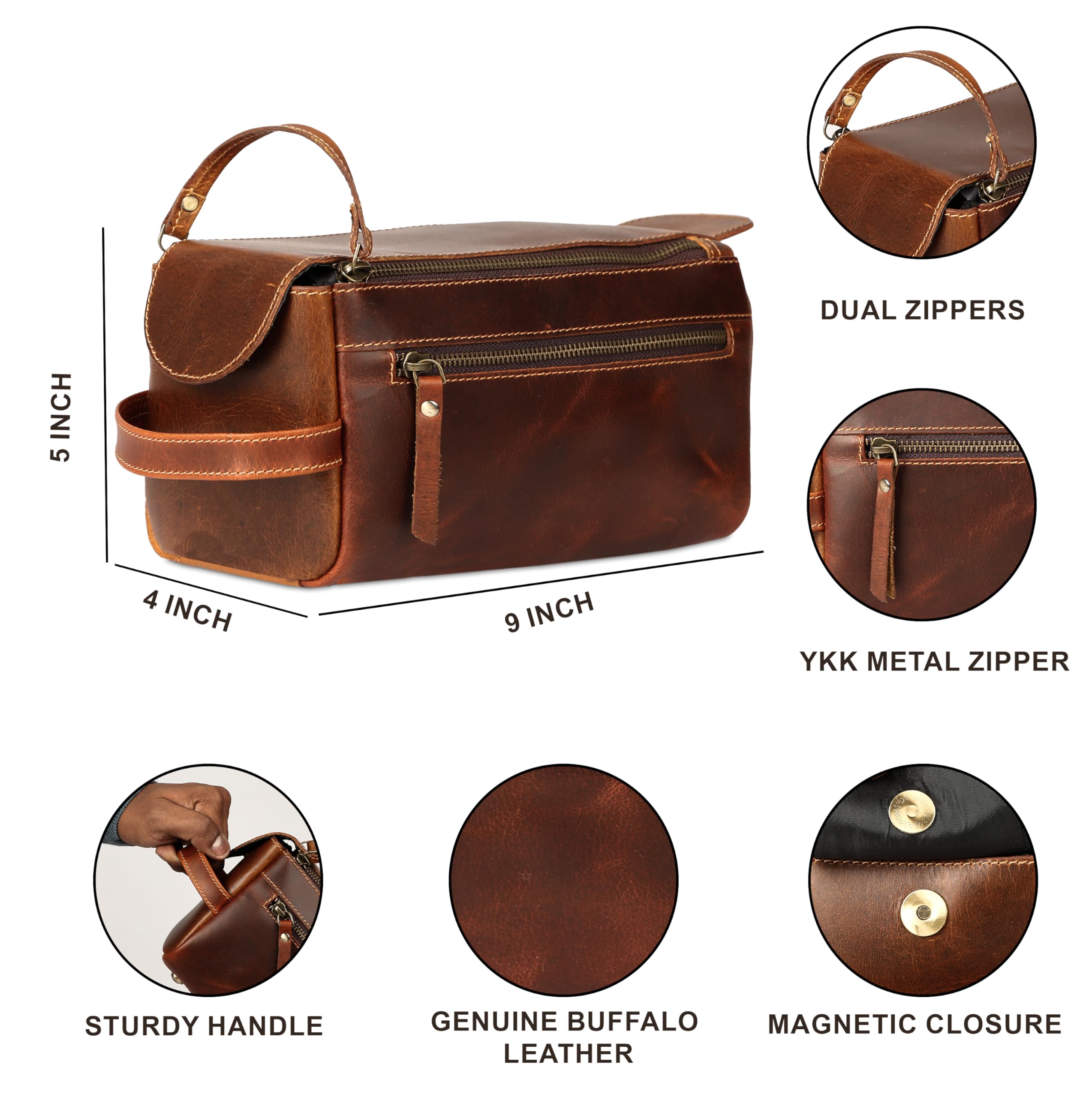 Premium Buffalo Leather Unisex Toiletry Bag - Travel Dopp Kit for Men & Women (Distressed Orange Tan) - Perfect for Camping, Gym & Business Trips