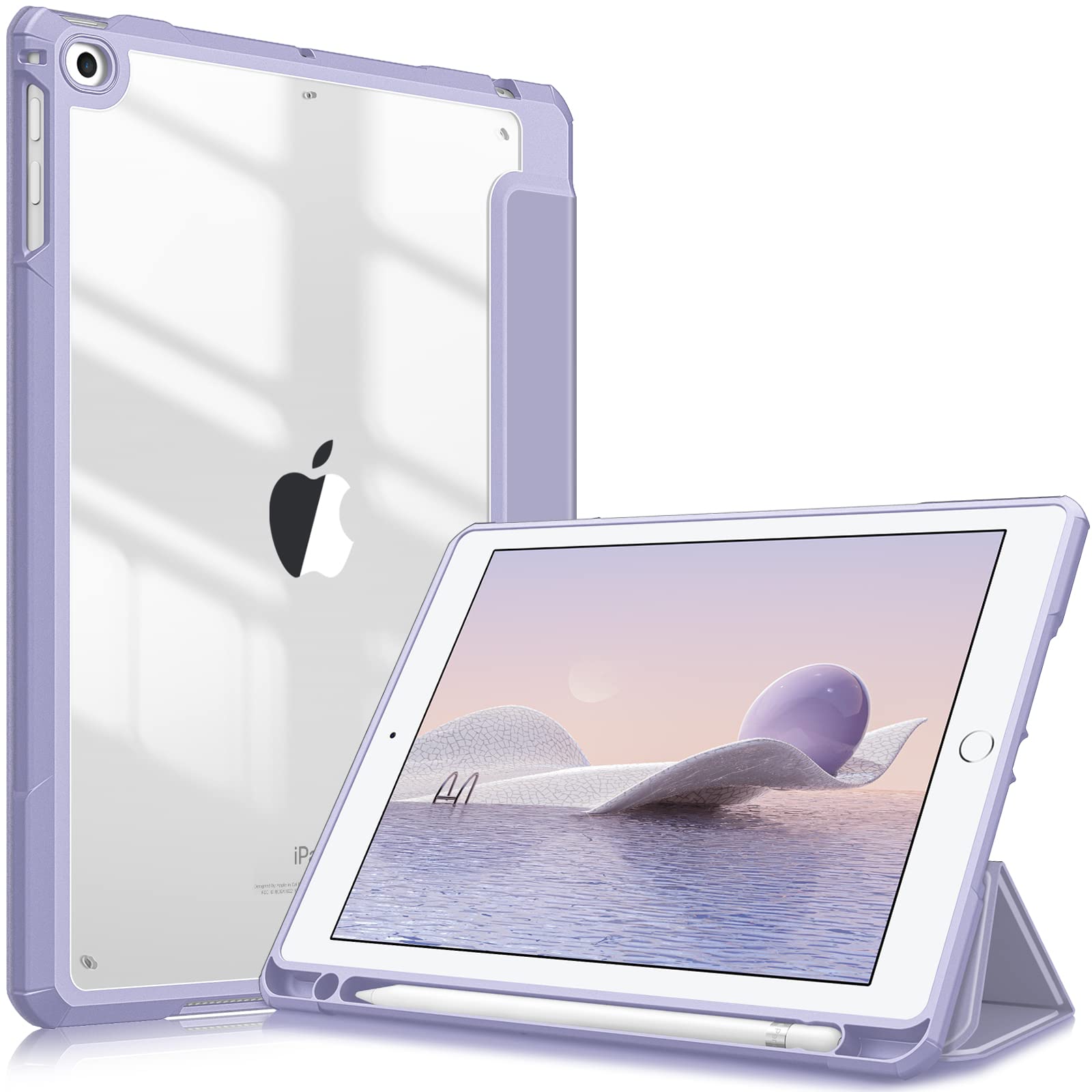 Fintie Hybrid Slim Shockproof Case for iPad 6th/5th Generation (2018/2017) & iPad Air 2/Air 1 (9.7 Inch) - Clear Transparent Back Cover with Built-in Apple Pencil Holder, Lilac Purple - Perfect for Work, School & Travel Protection