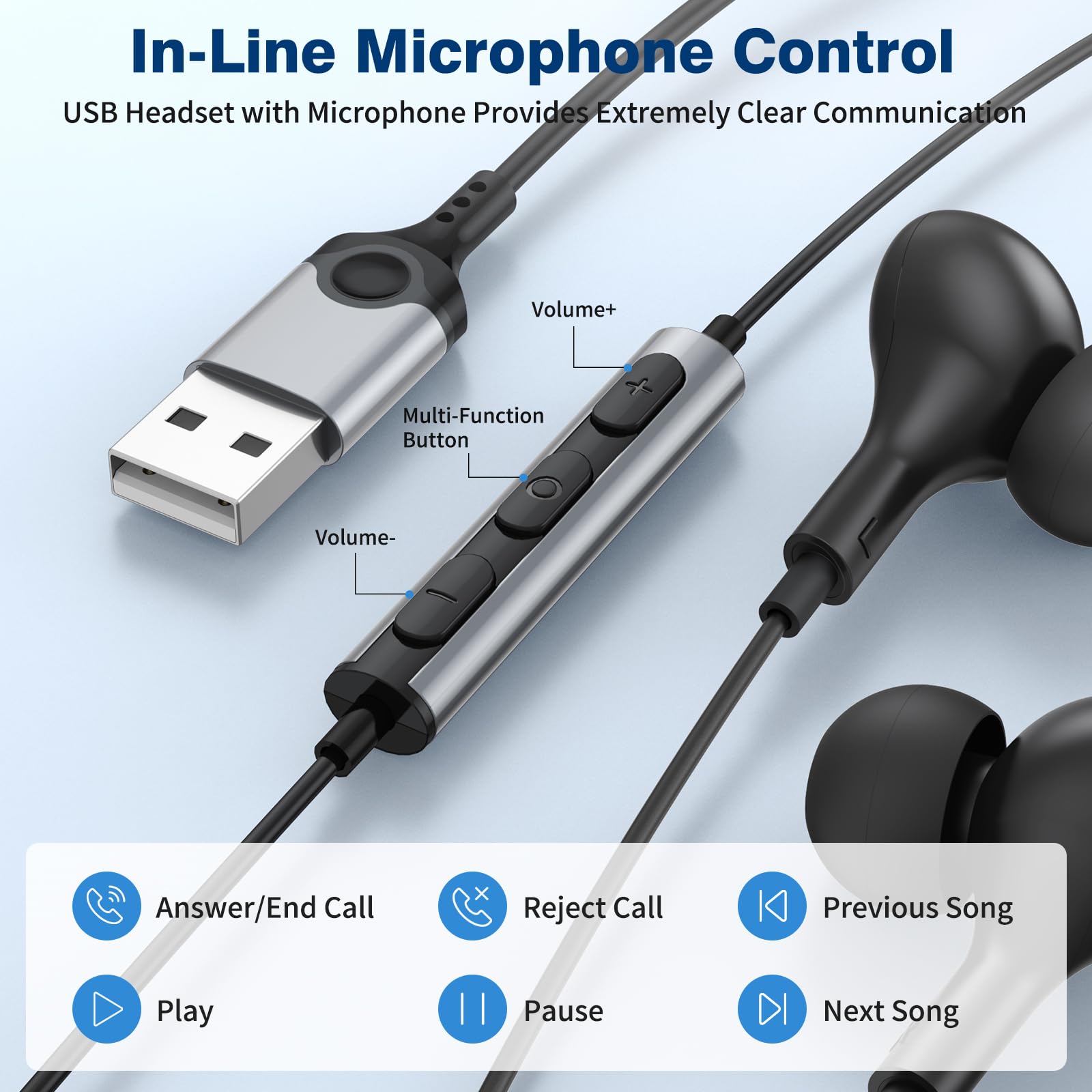 ACANDYA USB Computer Headset with Microphone, 7.5FT Long Cord In-Ear Magnetic Earbuds for PC, Laptop, Desktop, Notebook - Ideal for Office Work, Live Broadcasting, Gaming, and Online Meetings