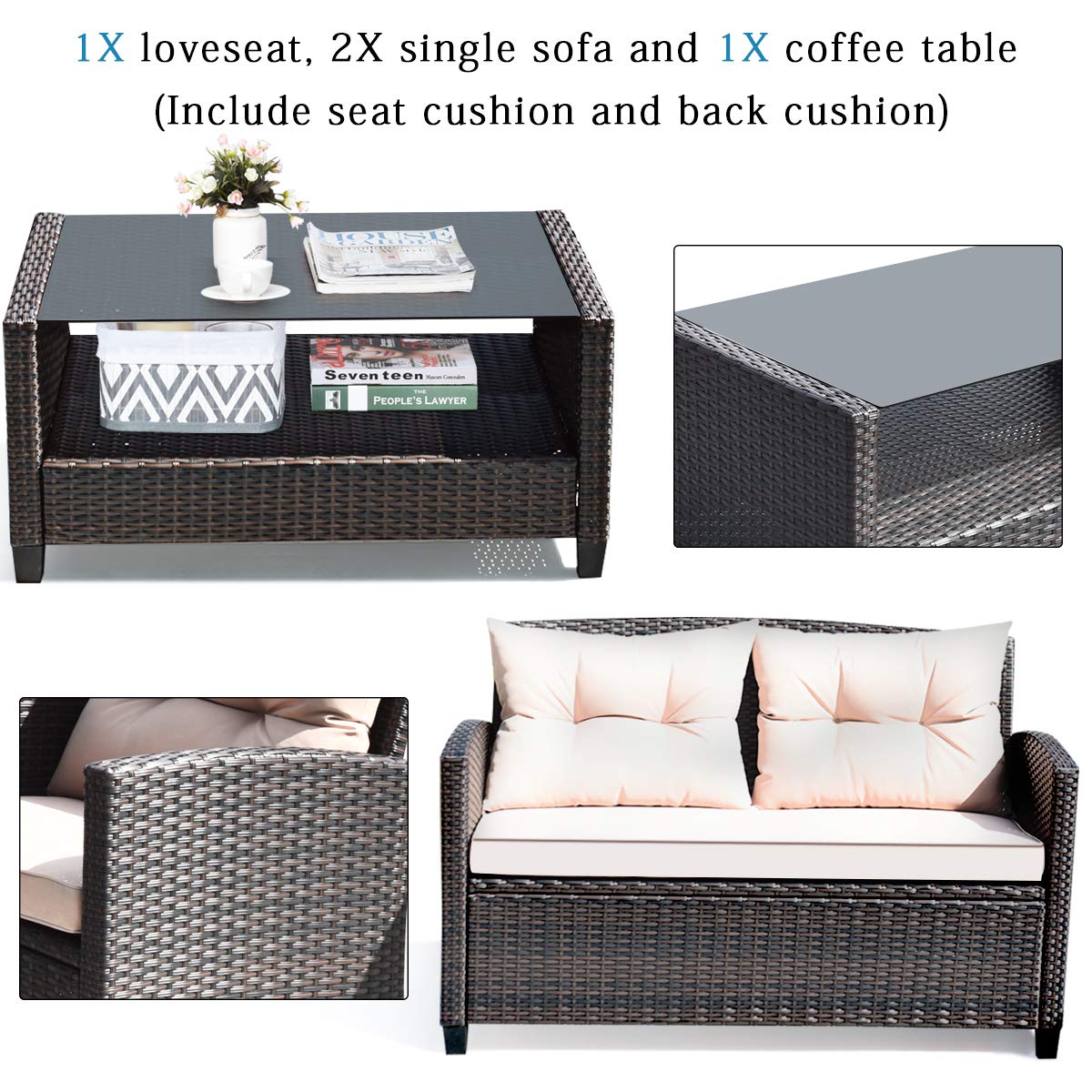 Tangkula 4-Piece Outdoor Patio Furniture Set - Rattan Wicker Chair Set with 1 Loveseat, 2 Single Sofas & Tempered Glass Coffee Table - Perfect for Backyard, Porch, Garden, Poolside & Outdoor Entertaining