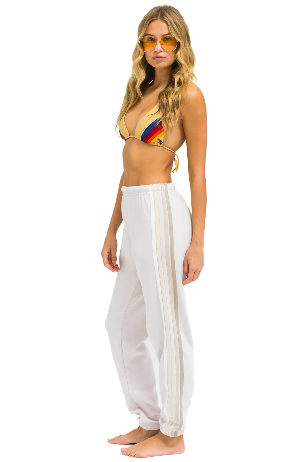 Aviator Nation Women's 5 Stripe Sweatpants - Dove/White Grey - Comfortable Casual Lounge Pants for Yoga, Running & Home Wear