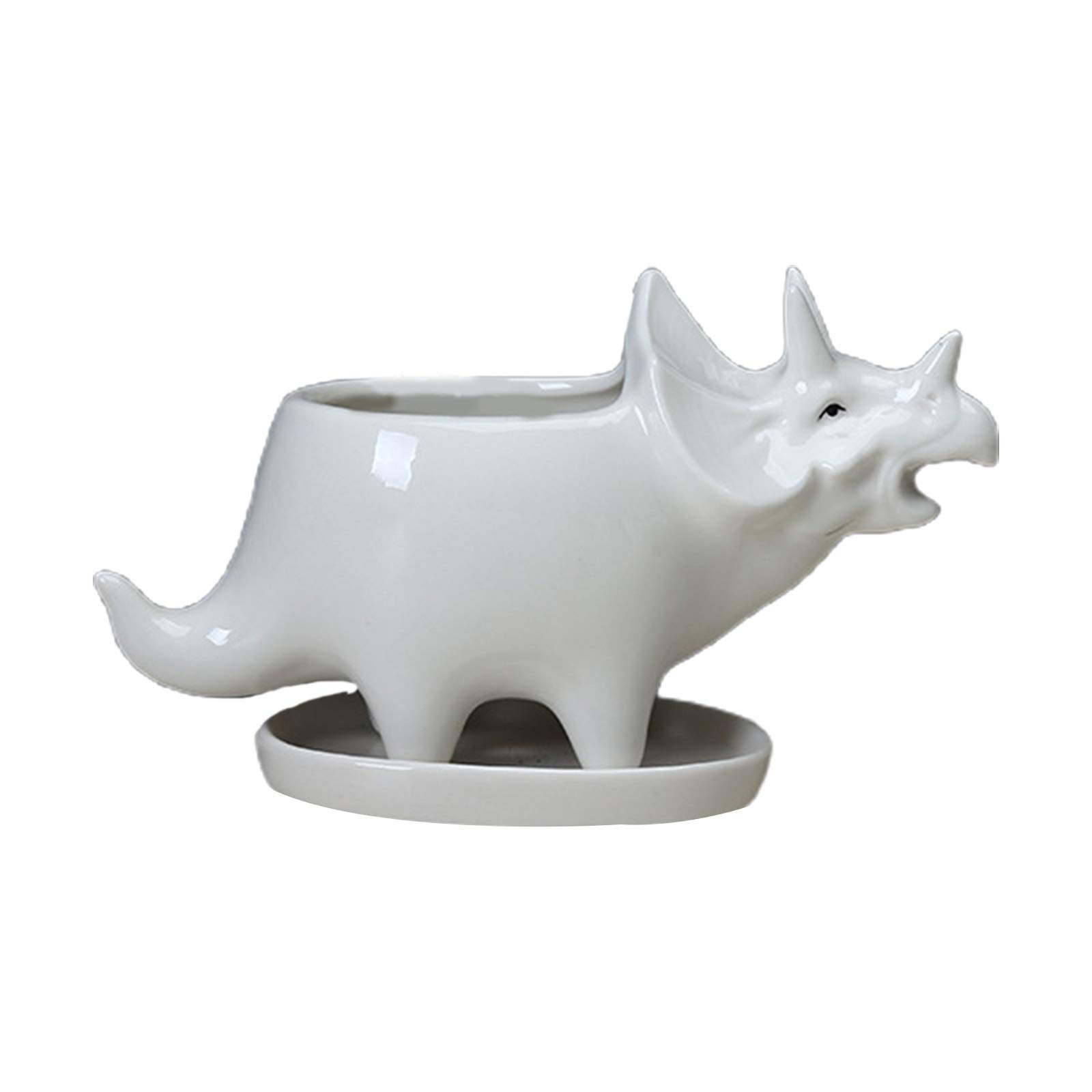 Small Succulent Pots with Drainage Tray - Glazed White Ceramic Triceratops Planter for Cactus & Air Plants | Perfect for Home Decor, Office Desk & Gift Ideas
