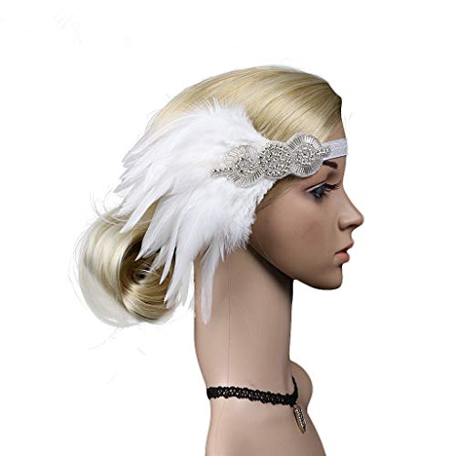Flapper Headband with Feathers - Lightweight Hair Accessory for Women & Girls - Vintage 1920s Style Headpiece - Perfect for Costume Parties, Halloween, and Gatsby Themed Events (White, One Size)