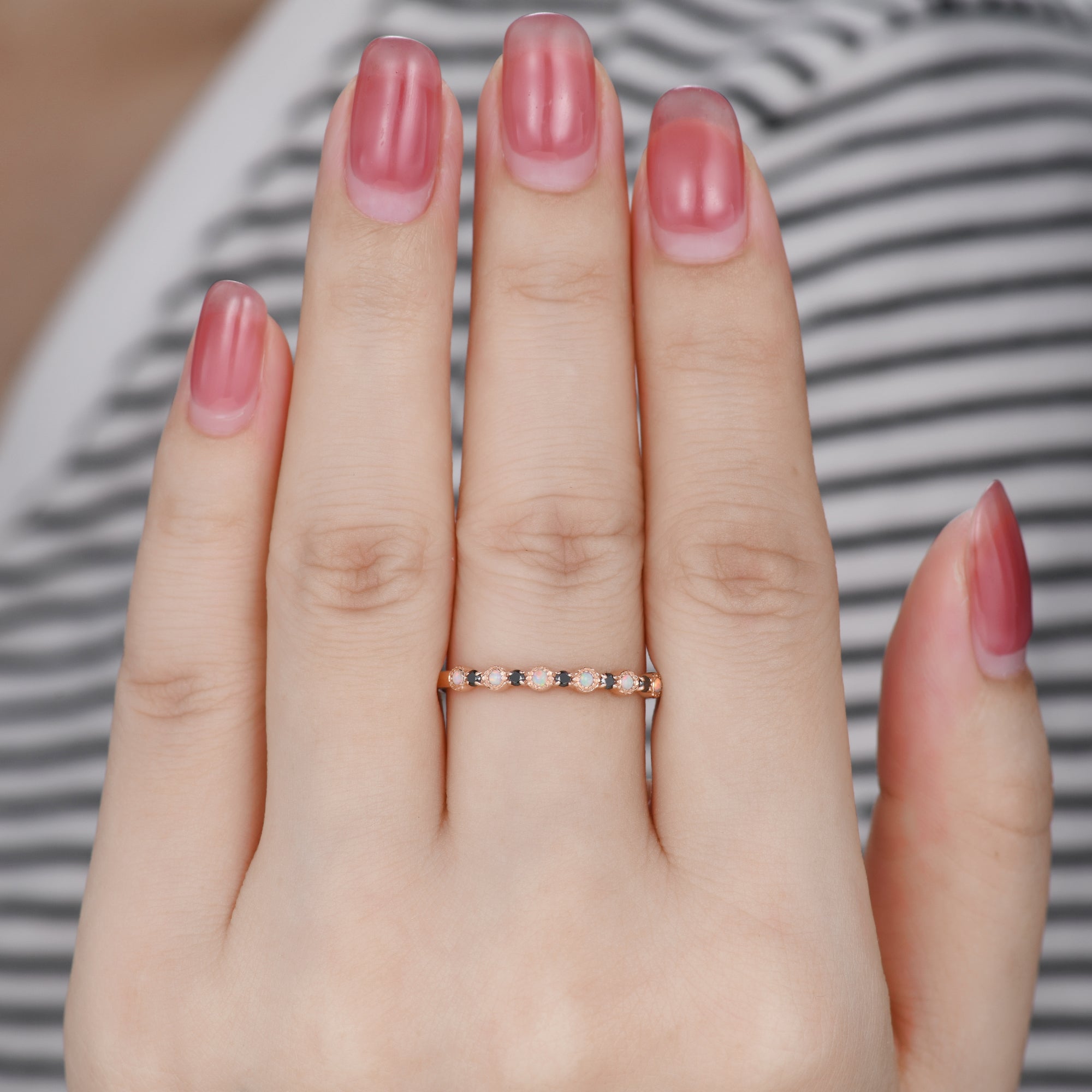 14k Rose Gold Opal Black Onyx Wedding Band - Stackable Milgrain Ring for Women | Perfect for Bridal Jewelry, Anniversary Gifts & Everyday Elegance
