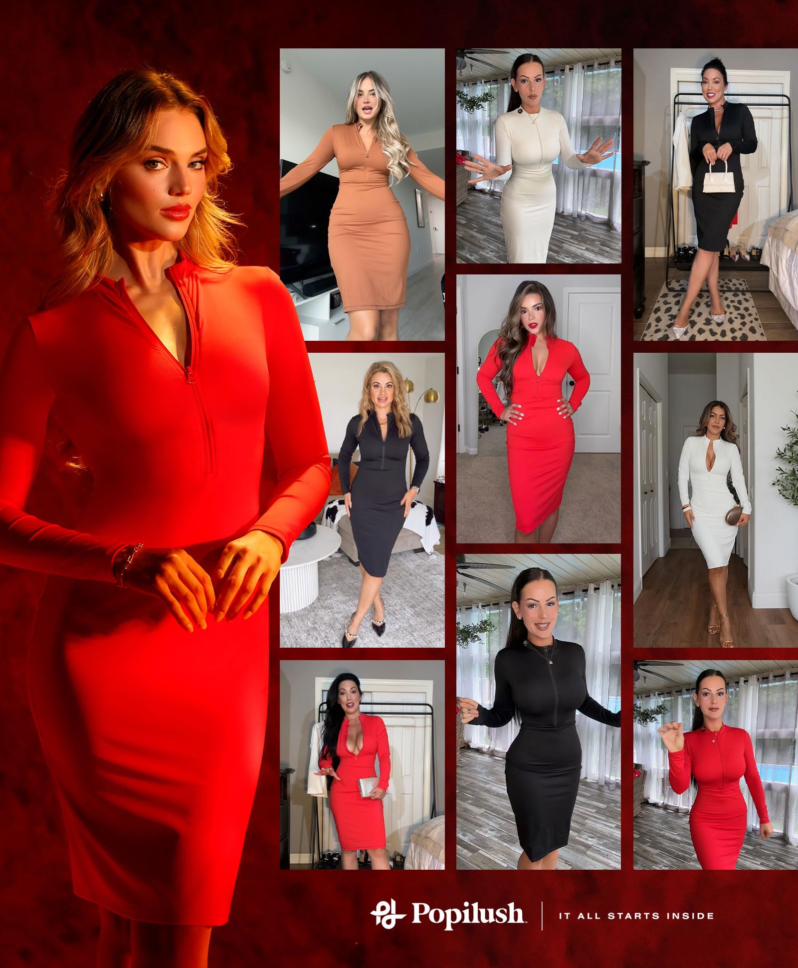 Popilush Shapewear Dress for Women - Long Sleeve Midi Dress with Tummy Control, Mock Neck & Thermal Lining (Red) | Perfect for Office Wear, Date Night & Winter Outfits