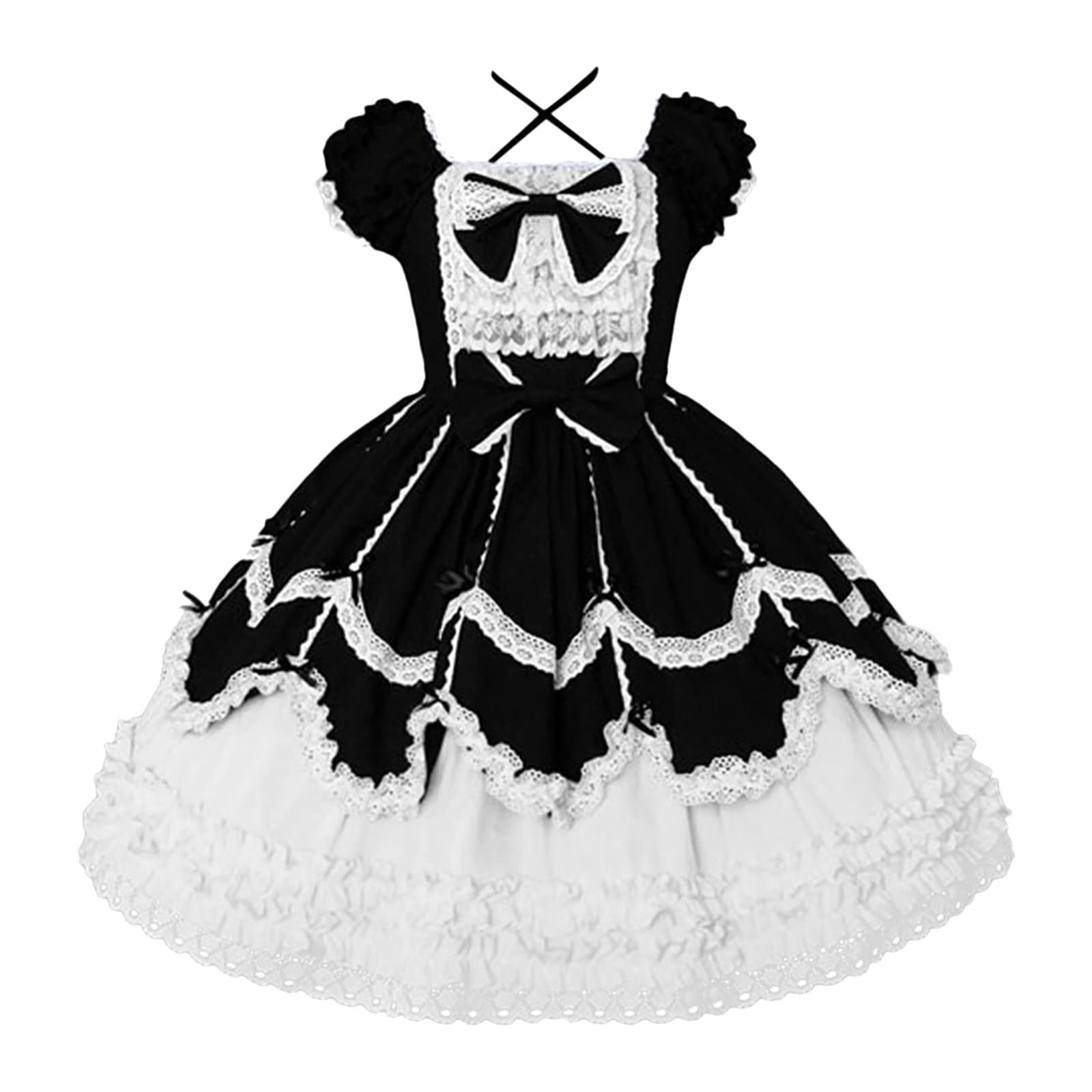 Gothic Vintage Patchwork Bow Flounce Short Dress with Lace Sleeves for Women | Casual Gothic Fashion | Perfect for Parties, Cosplay & Vintage Style Outfits