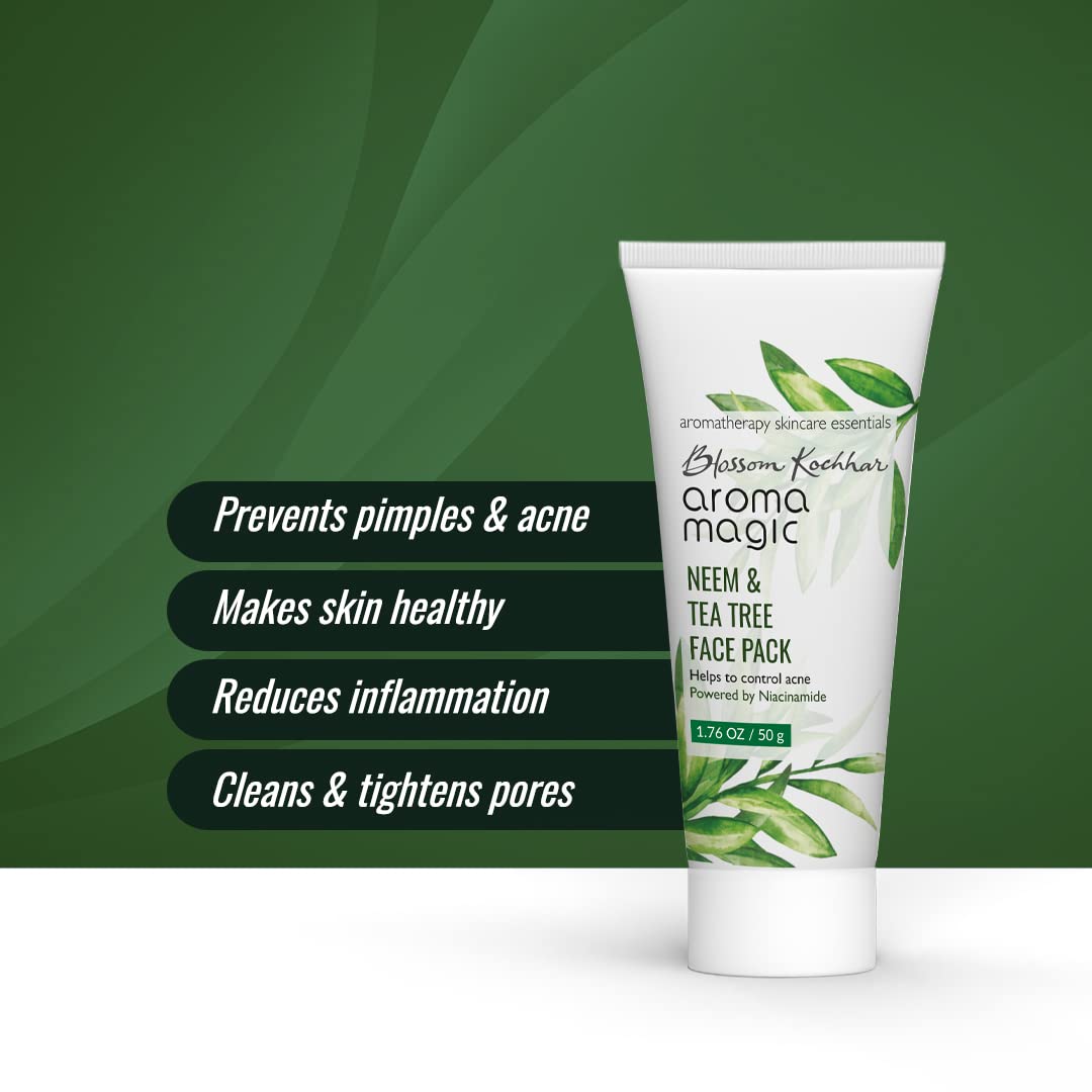 Aroma Magic Neem & Tea Tree Face Pack with 5% Niacinamide, Aloe Vera & Lemon Extracts - Acne Treatment for Oily Skin, Reduces Blackheads & Tightens Pores - Lavender Essential Oil Infused - 50g | Perfect for Daily Skincare Routine & Post-Workout Face Care