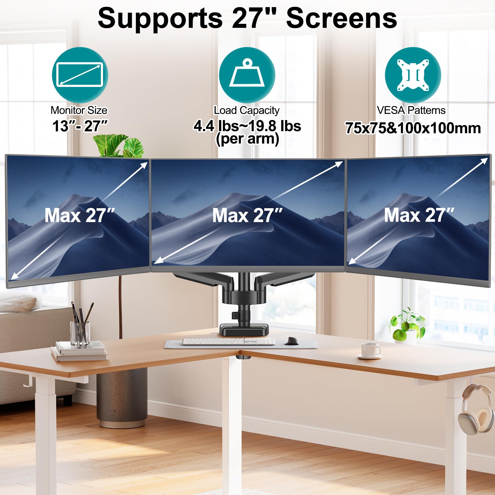 MOUNT PRO Triple Monitor Stand for 13-27 Inch Screens - Adjustable Gas Spring 3 Monitor Desk Mount with Full Motion Articulating Arms, Supports 17.6lbs per Screen (VESA 75x75/100x100) - Perfect for Gaming, Office Work & Multi-Tasking Setup