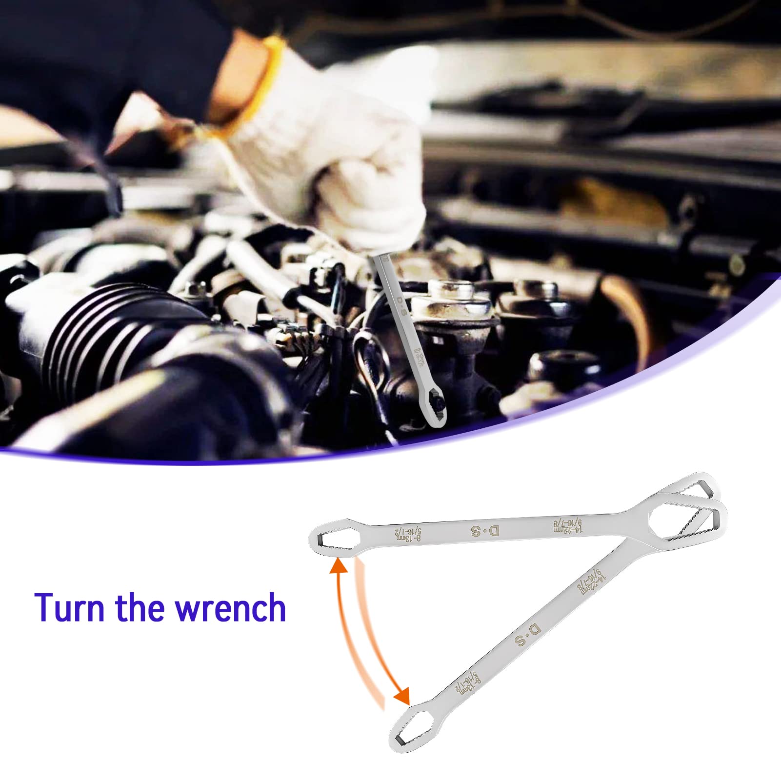 5/16-7/8 Inch Double-Ended Adjustable Wrench Set - Universal Self-Tightening Spanner for Torx, Screws & Nuts - Silver Multi-Tool for Home Repair, Automotive & DIY Projects