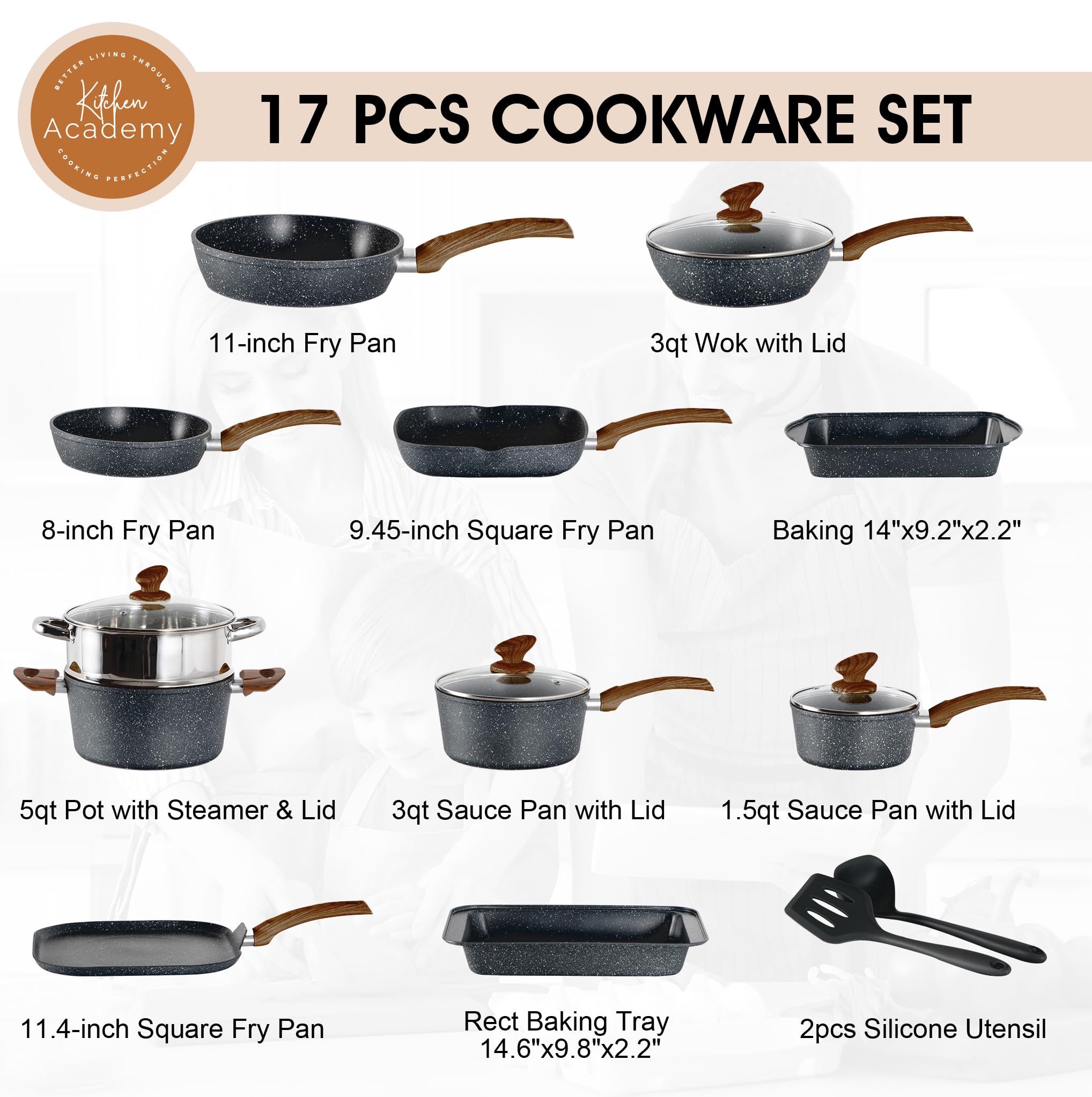 Kitchen Academy 17-Piece Induction Cookware Set - Nonstick Black Granite Pots & Pans for Gas & Electric Stoves | Perfect for Home Cooking, Professional Chefs & Everyday Meal Prep