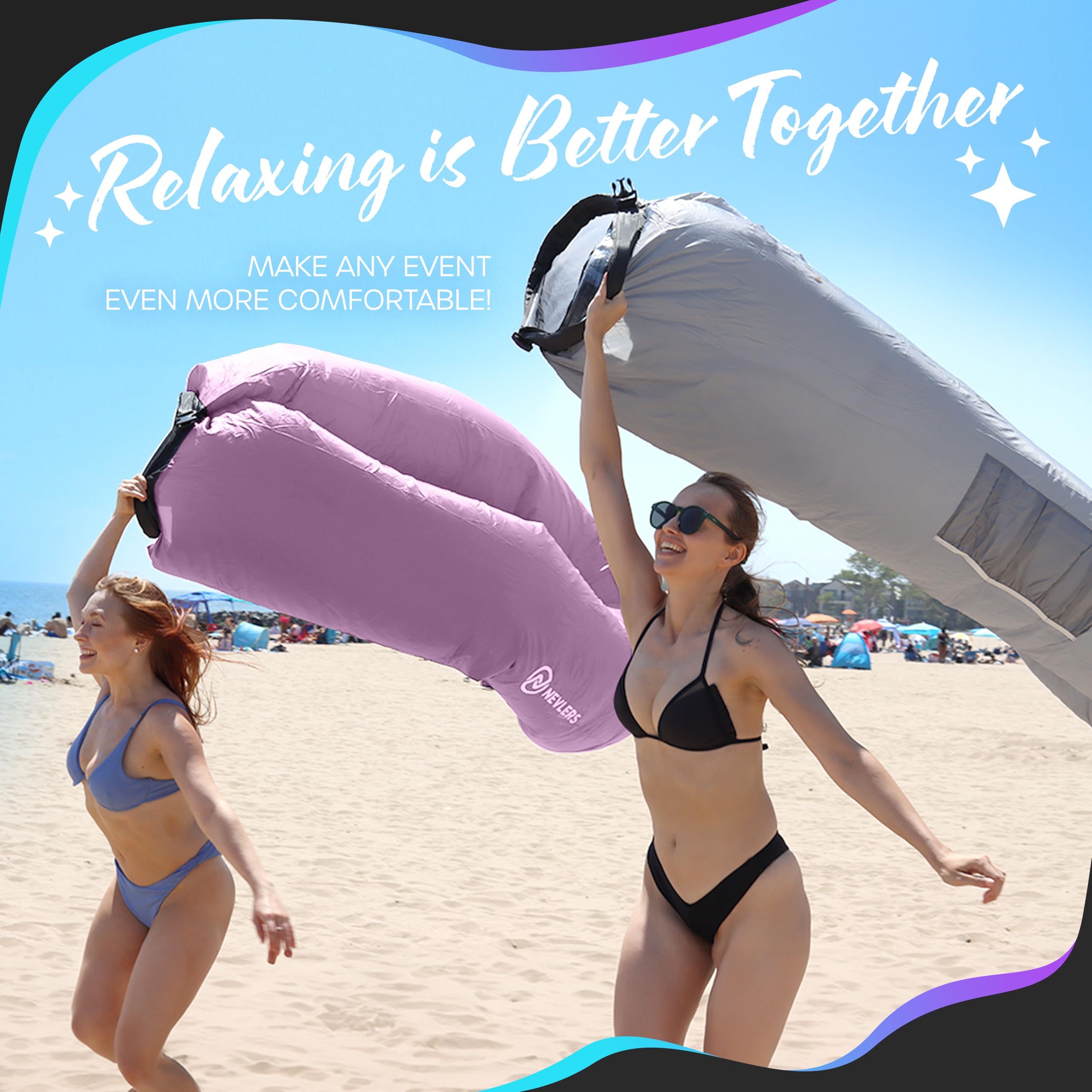 Nevlers 2 Pack Inflatable Loungers - Portable Air Sofa Couch for Beach, Camping, Travel & Outdoor Relaxation | Includes Travel Bag, Pegs & 3 Storage Pockets | Perfect for Picnics, Backyard, Poolside & Festival Seating