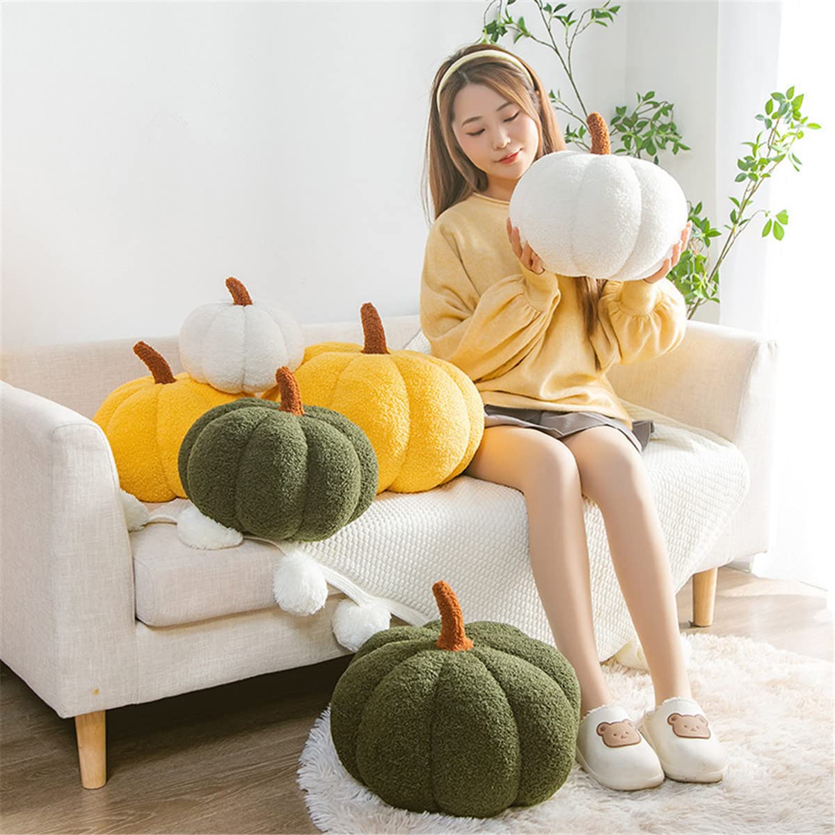 3D White Pumpkin Throw Pillow - 11 Inch Halloween Plush Decorative Cushion for Fall Home Decor, Seasonal Celebrations & Cozy Living Room Vibes - Perfect for Sofa, Bed and Halloween Party Decorations