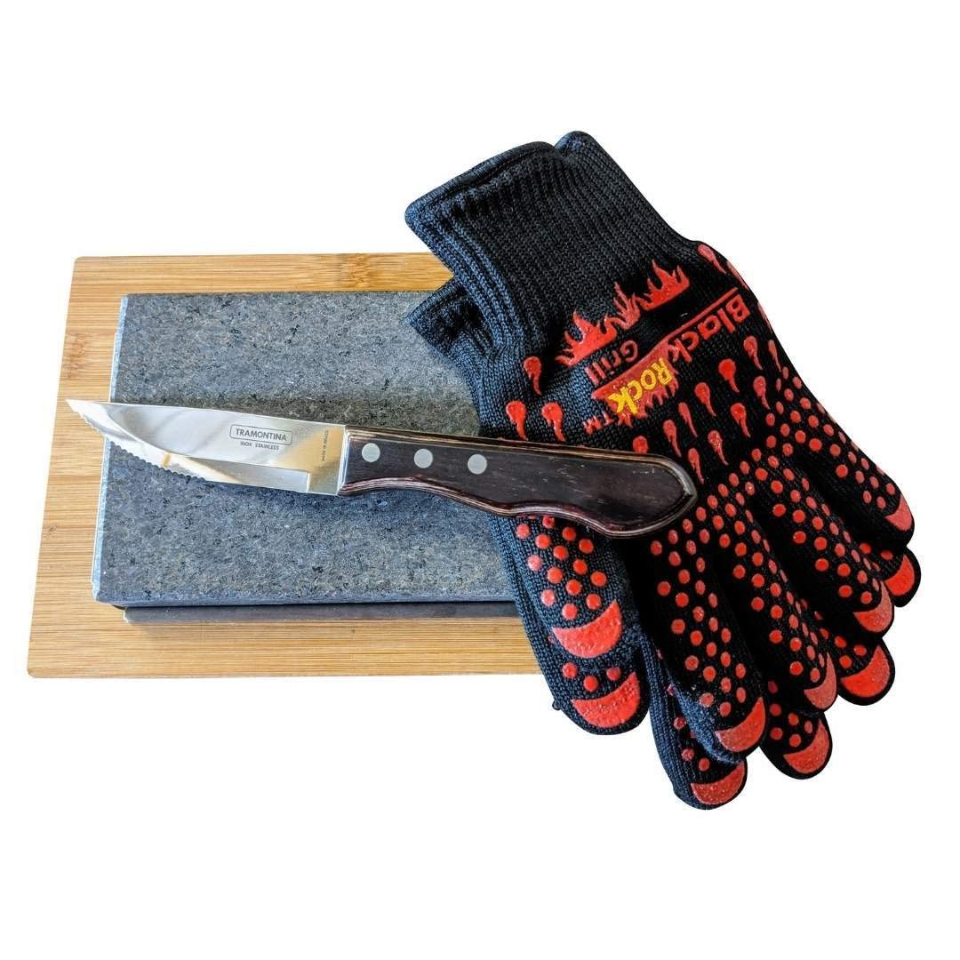 Premium Black Rock Grill Steak Stone Set - Natural Lava Cooking Stone with Steak Knife & Heat-Resistant Gloves for Perfect Steak, Seafood & BBQ at Home | Unique Gift for Grill Lovers