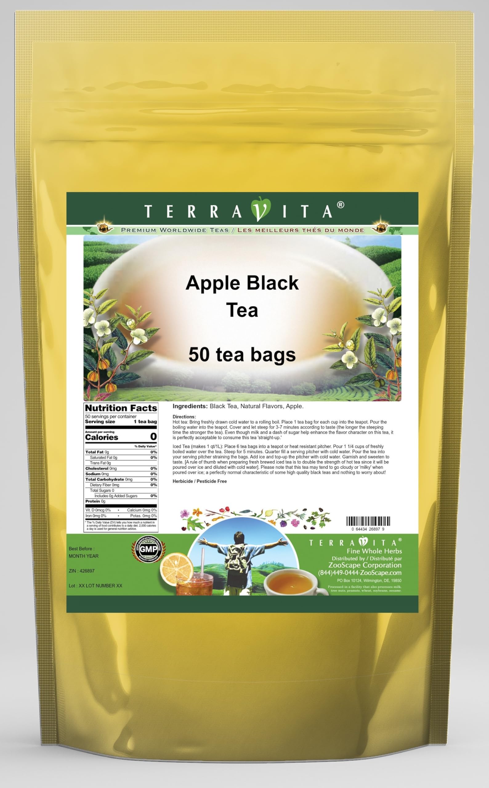 Premium Apple Black Tea Bags - 50 Count, Natural Flavor, Caffeinated (ZIN: 426897) - Perfect for Morning Boost, Afternoon Relaxation & Gift Giving