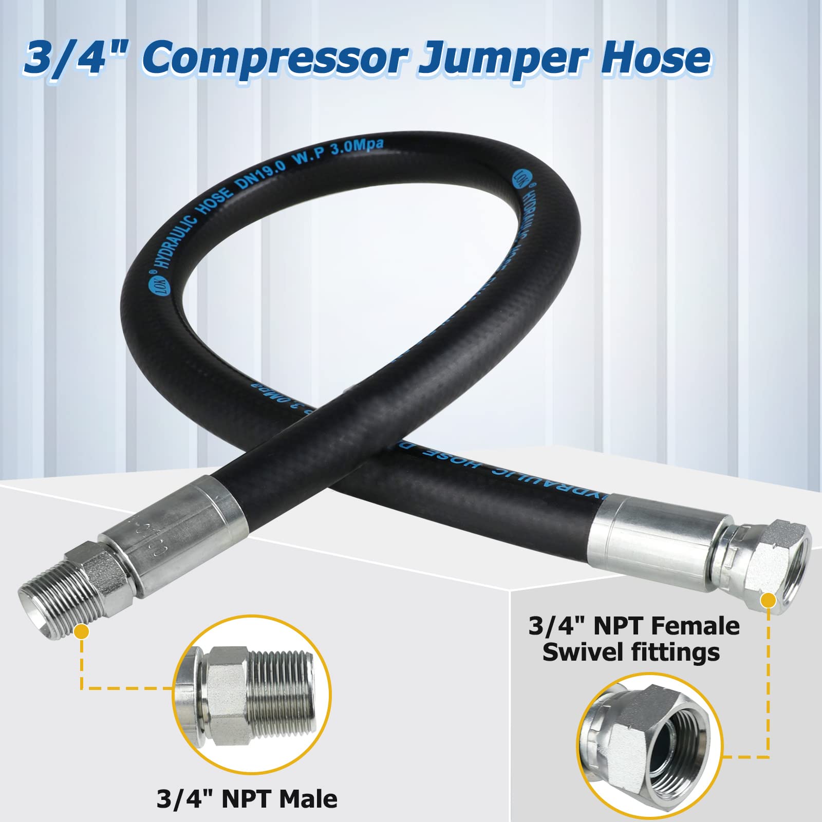 3/4 x 3 Feet Heavy Duty Rubber Air Compressor Hose with 3/4