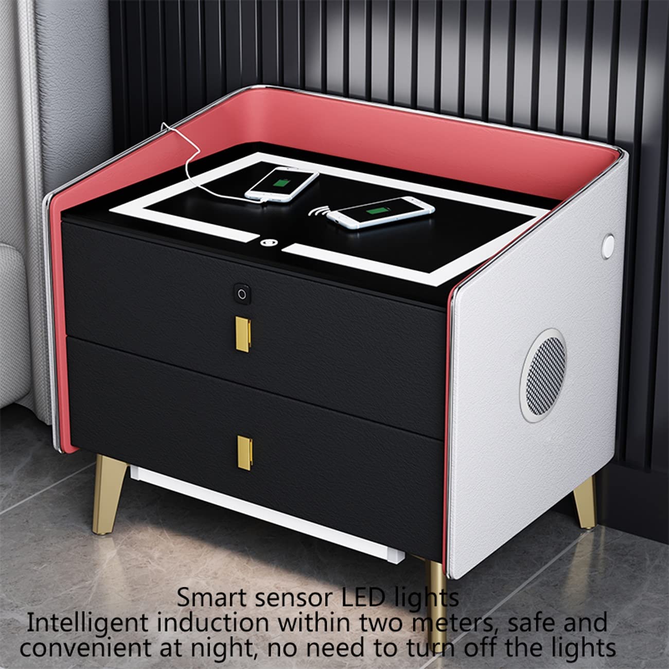 AVLUZ Smart LED Nightstand with Wireless Charging Station, USB Ports & Bluetooth Speaker - Fingerprint Unlock Bedside Table with Storage Cabinet for Bedroom (Black) - Perfect for Modern Home, Apartment & Dorm Room Decor