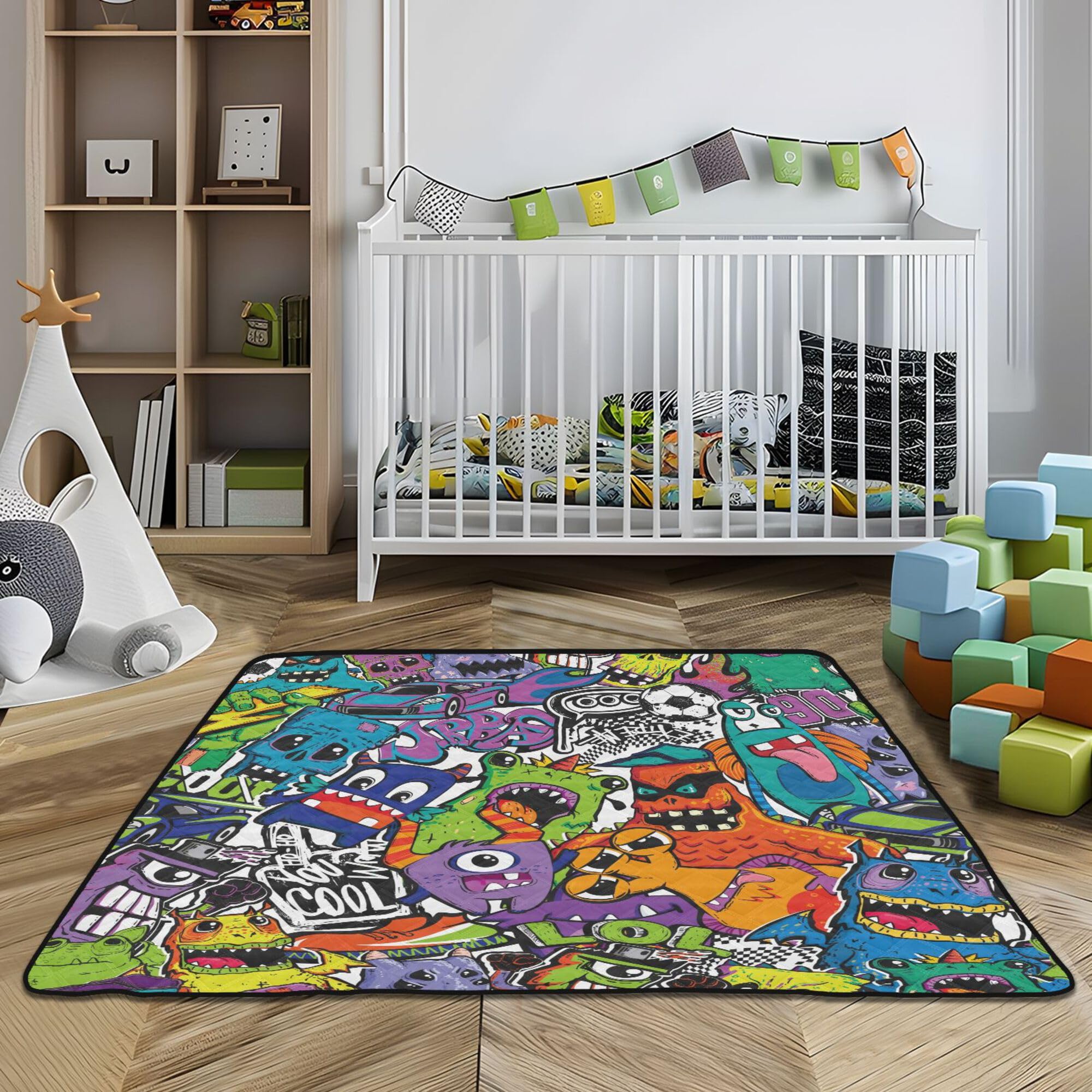 Large 50'' x 50'' Waterproof Baby Play Mat with Funny Monster Design - Non-Slip Crawling Mat for Infants & Toddlers - Indoor/Outdoor Use for Playtime, Tummy Time & Nursery Floor Protection