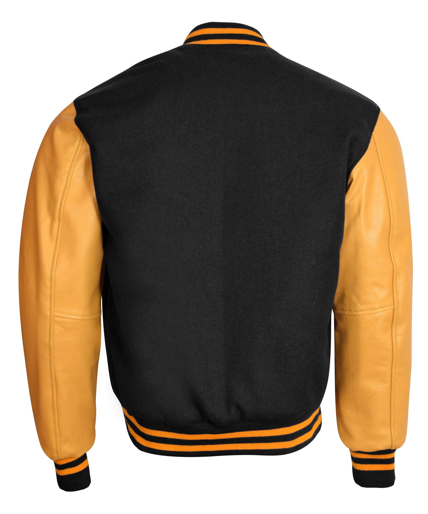 Varsity Letterman Baseball Jacket - Retro Vintage Bomber Style with Black Wool Body & Gold Genuine Leather Sleeves | Perfect for High School Sports, College Games, and Casual Streetwear Fashion