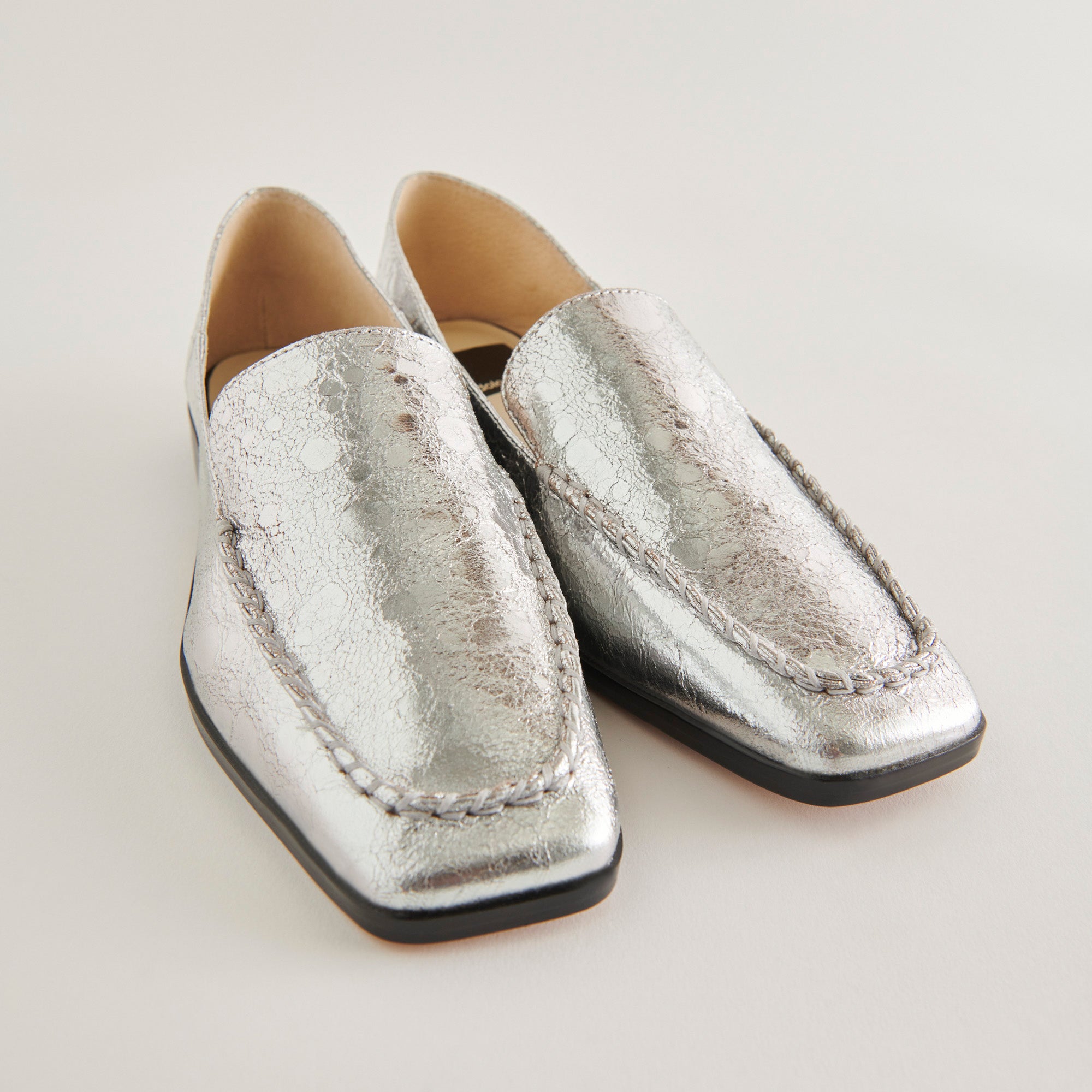 BENY Women's Flats Shoes - Silver Distressed Leather Loafers for Casual Wear & Office Outfits | Comfortable Slip-On Style