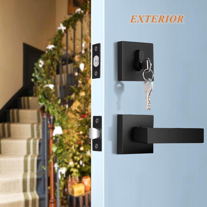 Probrico 5-Pack Flat Black Modern Square Exterior Door Lever Handleset with Single Cylinder Deadbolts Combo - Secure Entry Door Lock Set for Home, Office & Commercial Buildings | Ideal for Front Doors, Back Doors & Side Entrances