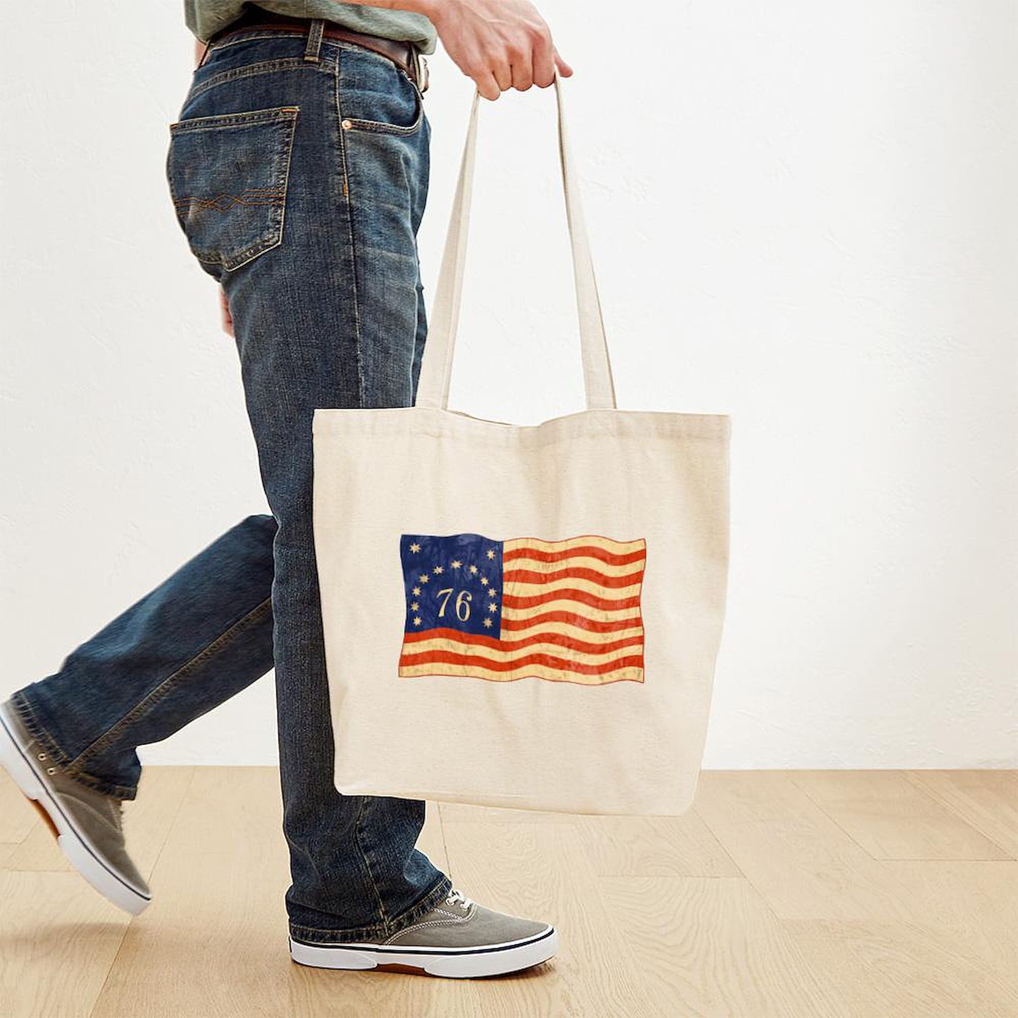 Retro 1776 American Flag Tote Bag - Natural Canvas Reusable Shopping Bag for Groceries, Beach & Patriotic Events | CafePress