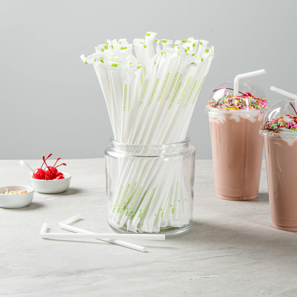 Eco-Friendly Compostable PLA/PBAT Plastic Straws - Flexible, Wrapped, 8 1/4 Inch (100 Count) | Perfect for Restaurants, Cafes, Parties & Sustainable Living