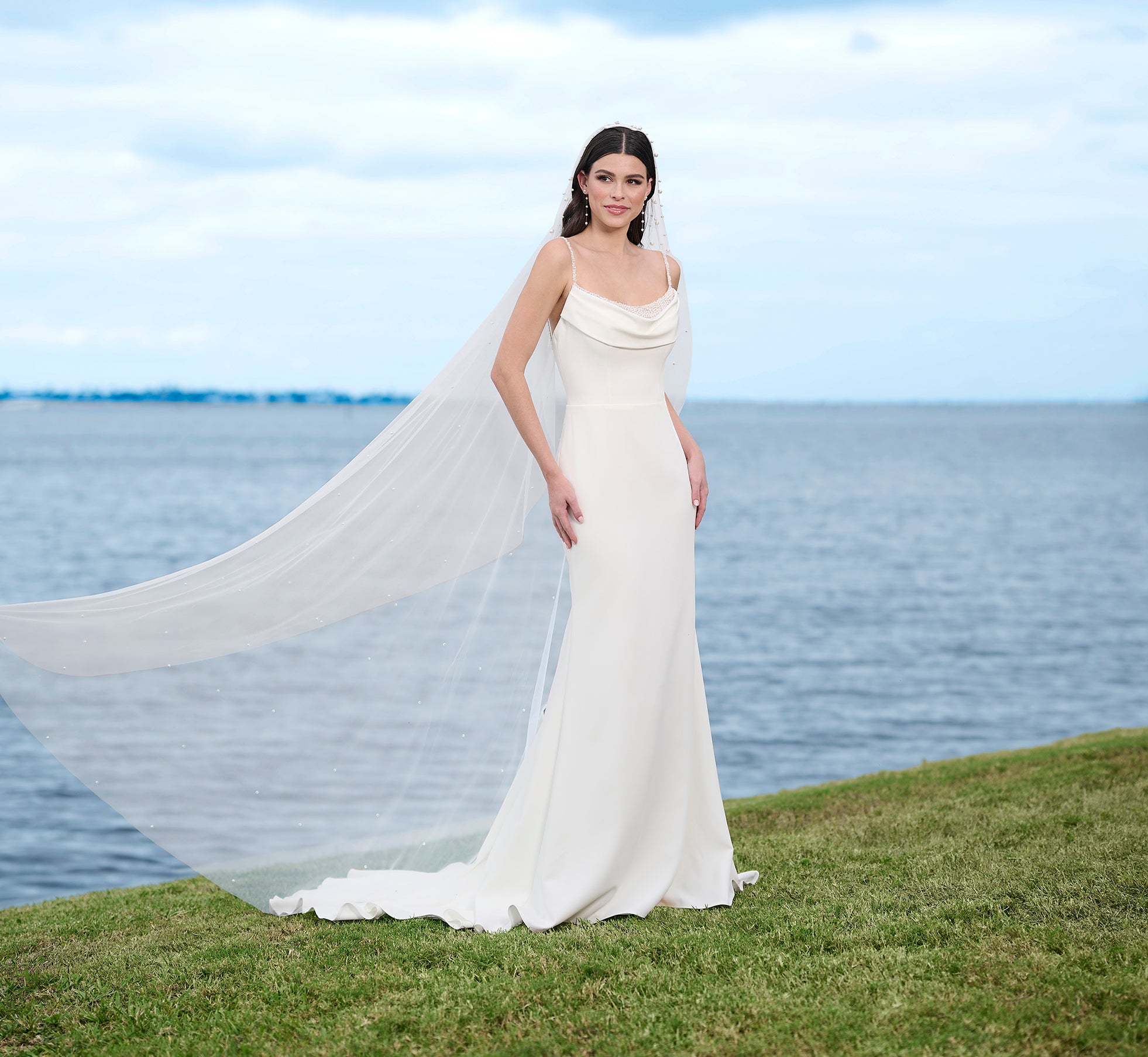 Elegant Ivory Nude Stretch Crepe Gown with Cowl Neck Drapes - Perfect for Evening Galas, Weddings & Formal Events