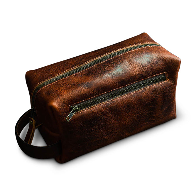 Premium Bison Leather Dopp Kit with Heavy-Duty Zipper - Durable Travel Toiletry Bag for Men, Gym Essentials Organizer, Weekend Getaway & Business Trips