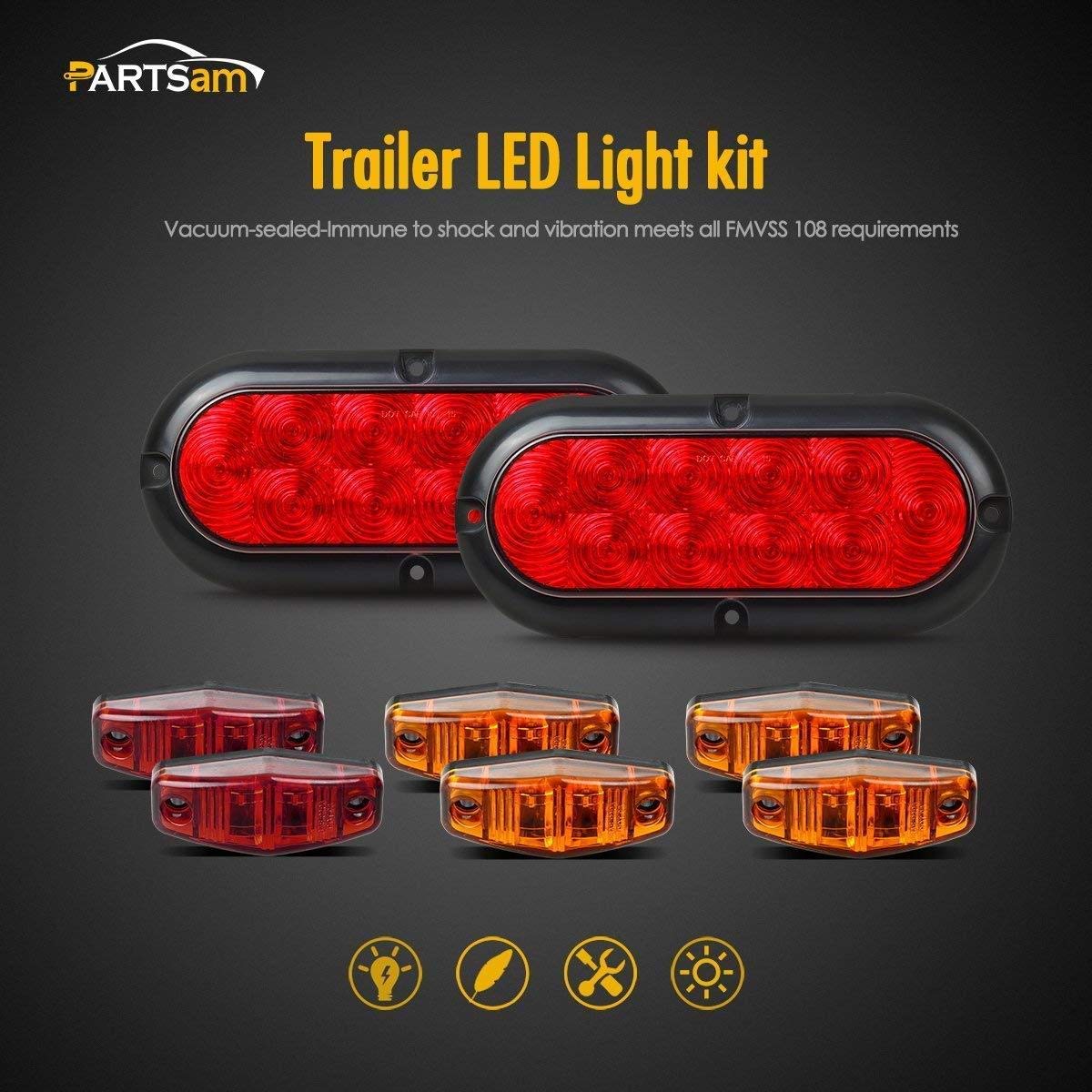 Partsam 12V Waterproof LED Trailer Lights - 2Pcs 6 Inch Oval Tail Lights with Stop/Turn/Brake Function + 8x Mini Oval LED Marker Lights for Utility Boats, RVs, Campers & Cargo Trailers | Durable Lighting Solution for Night Driving & Safety