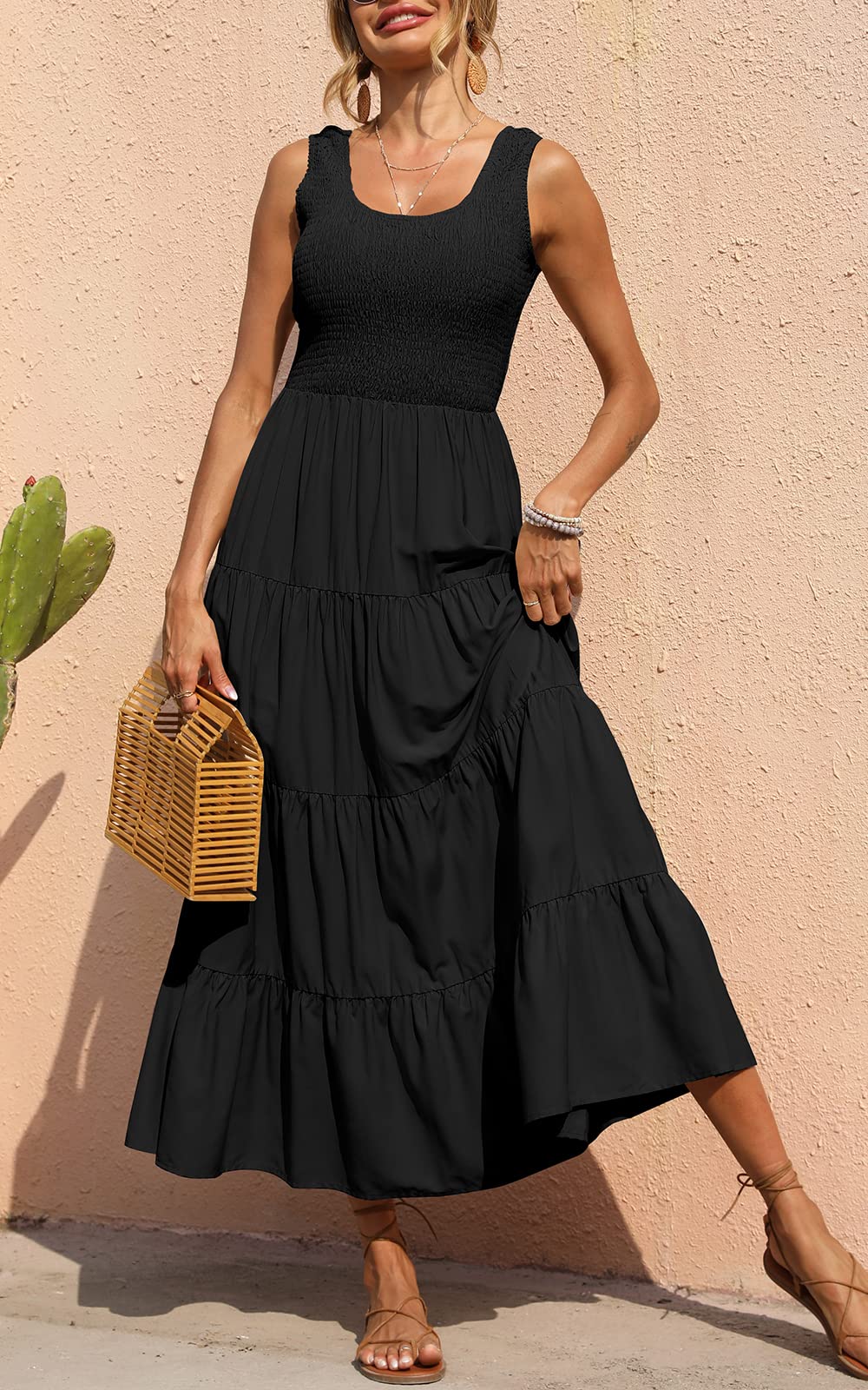 PRETTYGARDEN Women's Casual Loose Plain Maxi Sundress - Smocked Tank Sleeveless Summer Beach Dress with Tiered Design for Vacation, Pool Party & Outdoor Activities