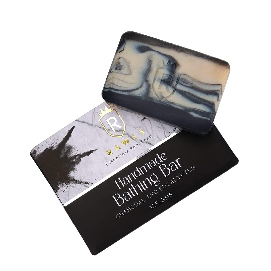 Rawls Charcoal Bath Soap for Men & Women - Activated Charcoal & Eucalyptus Oil Deep Cleansing Bar, Handmade Anti-Pollution Soap, Paraben-Free 125g - Perfect for Detox & Acne-Prone Skin