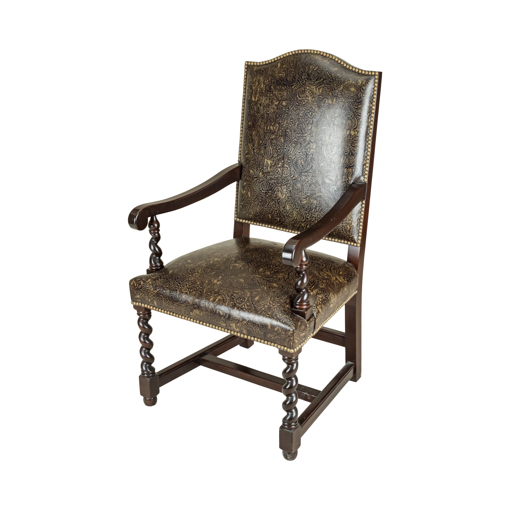 STICKLEY 8 Barley Twist Dining Chairs with Patterned Leather Upholstery - Elegant Victorian Style Seating for Formal Dining Room & Home Decor