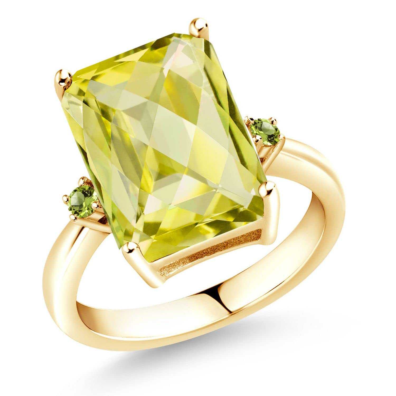 18K Gold Plated Silver Lemon Quartz & Peridot Ring for Women - 6.95 Ct Emerald Cut Checkerboard Gemstone Birthstone Jewelry (Size 5-9) | Perfect for Birthday Gifts, Anniversary & Everyday Wear