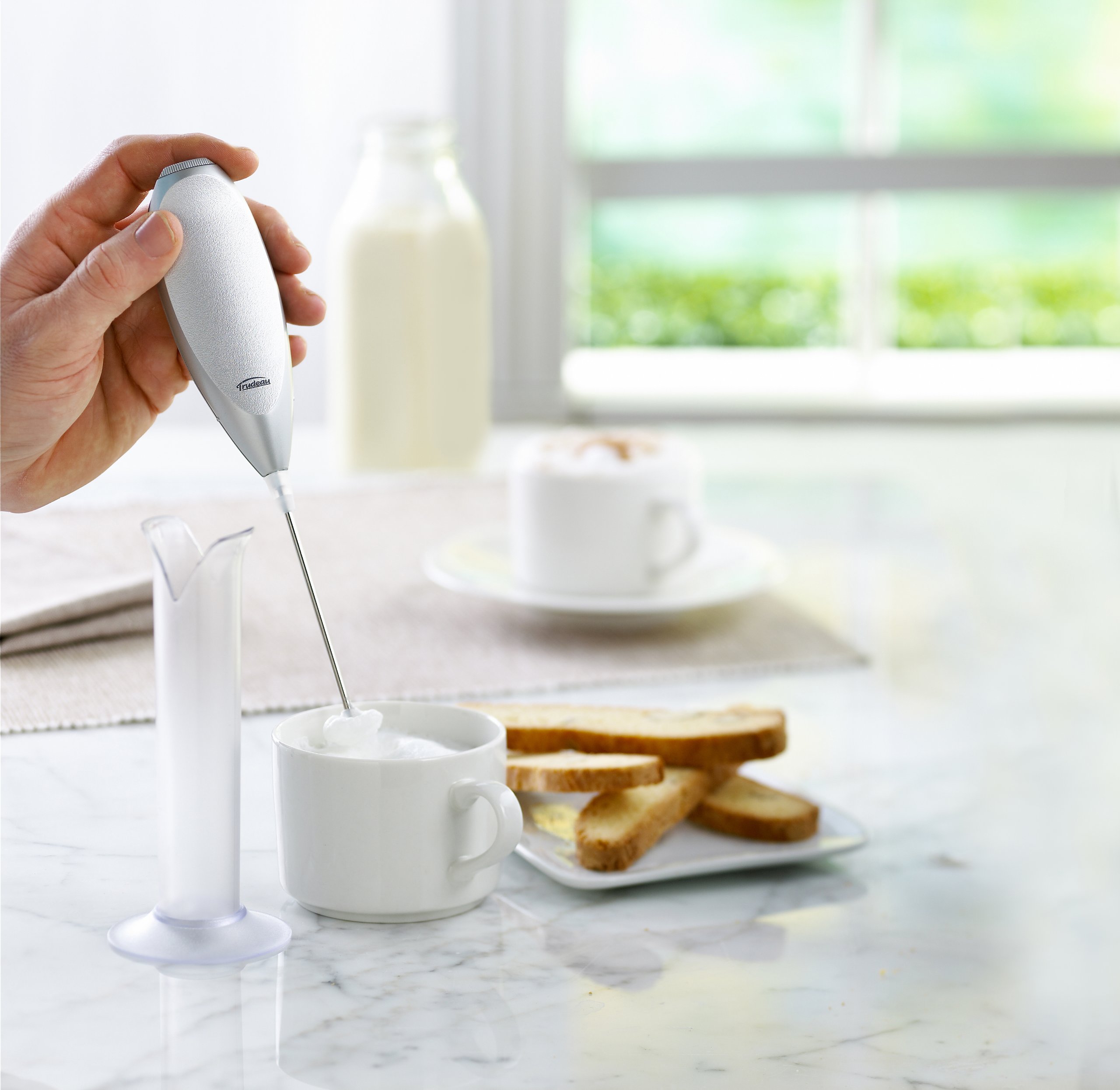 Trudeau Battery-Powered Milk Frother - 9.5 Inch Stainless Steel Handheld Whisk for Coffee, Hot Chocolate & Latte (Silver/White) - Perfect for Home, Office & Cafe Use