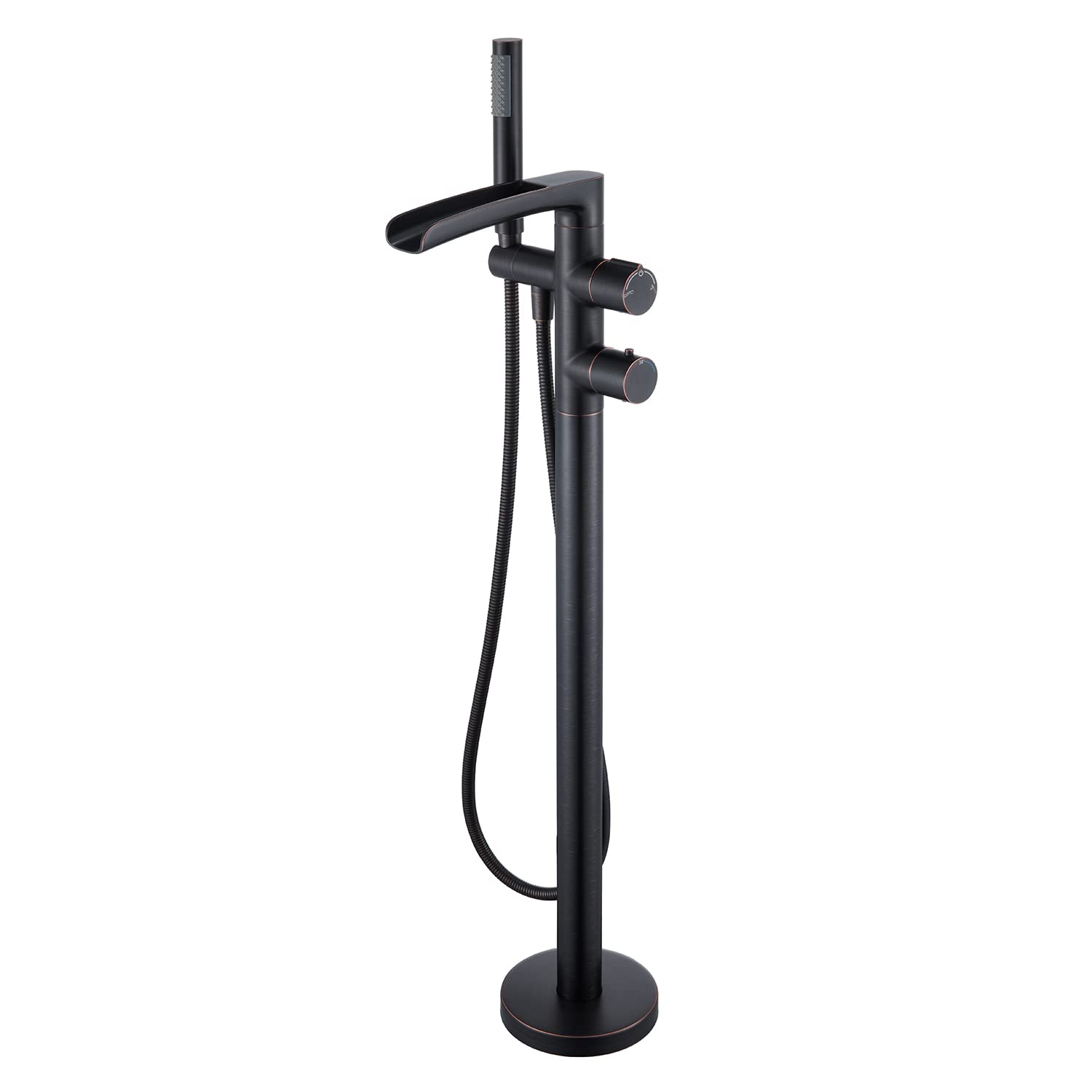 Thermostatic Freestanding Bathtub Faucet - Oil Rubbed Bronze Waterfall Tub Filler with Hand Shower & Rough-in Valve | Floor Mount Brass Bathroom Faucet for Luxury Spa & Master Bathroom Renovation
