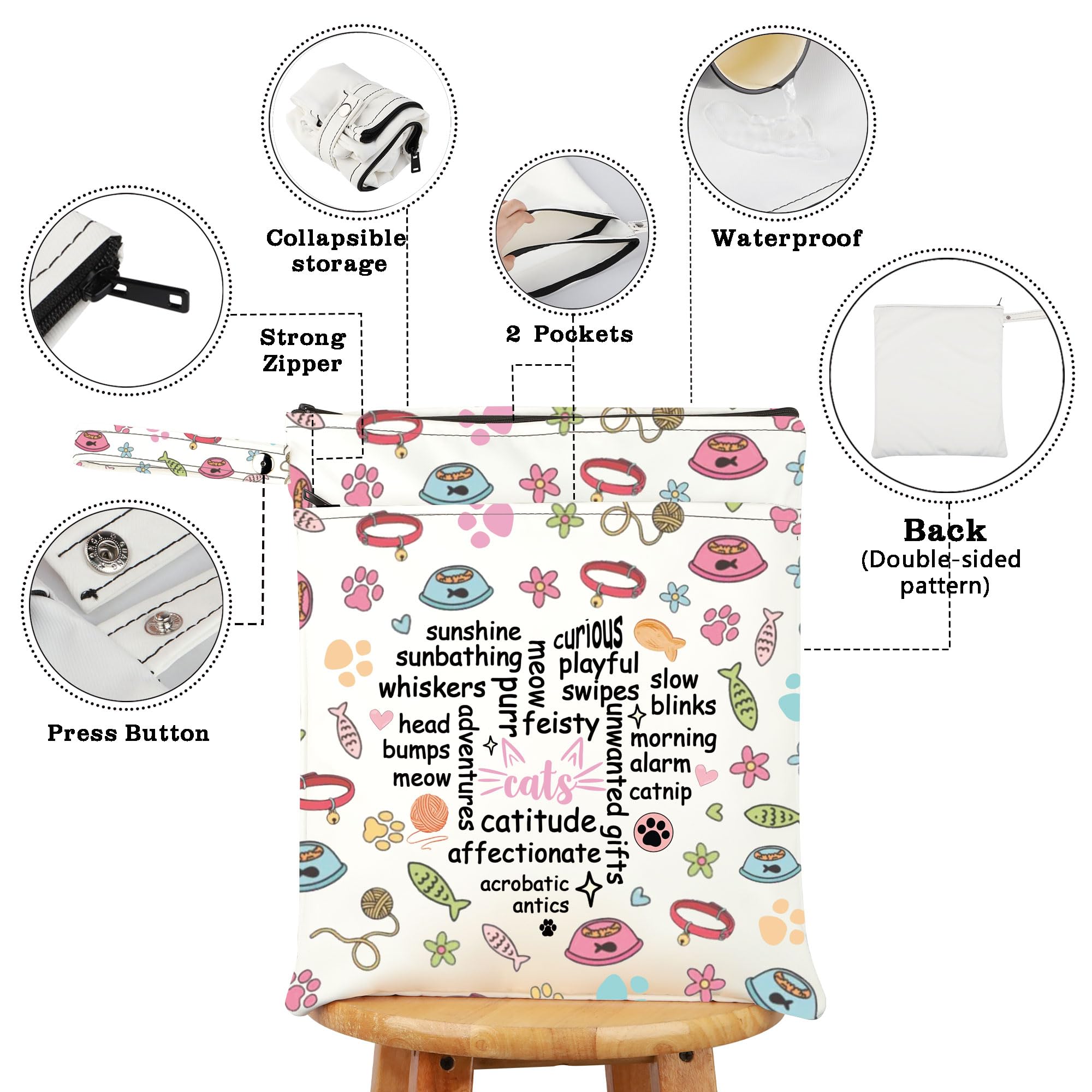 Waterproof Cat Mom Wet Bag with Zipper - Travel, Beach & Daycare Essentials for Cat Lovers | Perfect Gift for Cat Owners & Workout Gear | Durable Dry Bag for Pet Care & Outdoor Activities