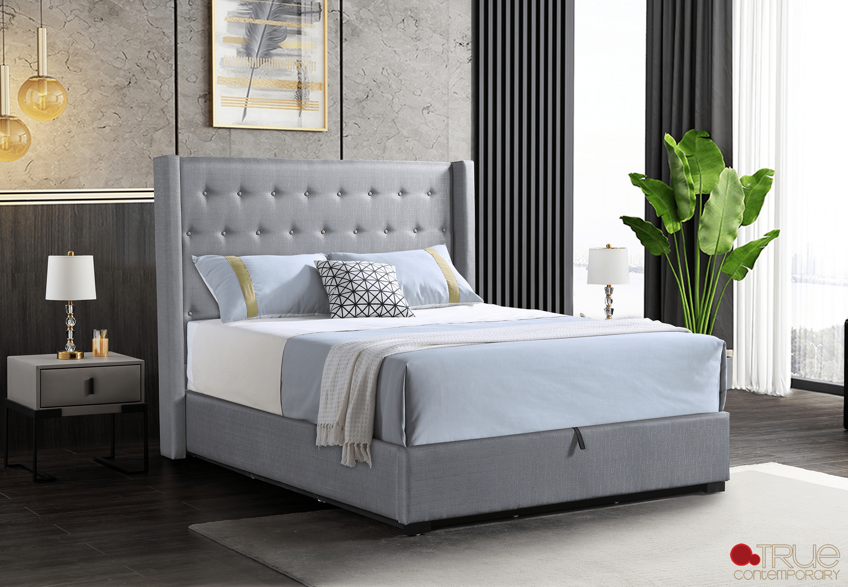 Saunderson Tufted Wingback Lift Up Storage Platform Bed - Grey Linen Fabric - Queen & King Size Options - Perfect for Small Bedrooms & Guest Rooms