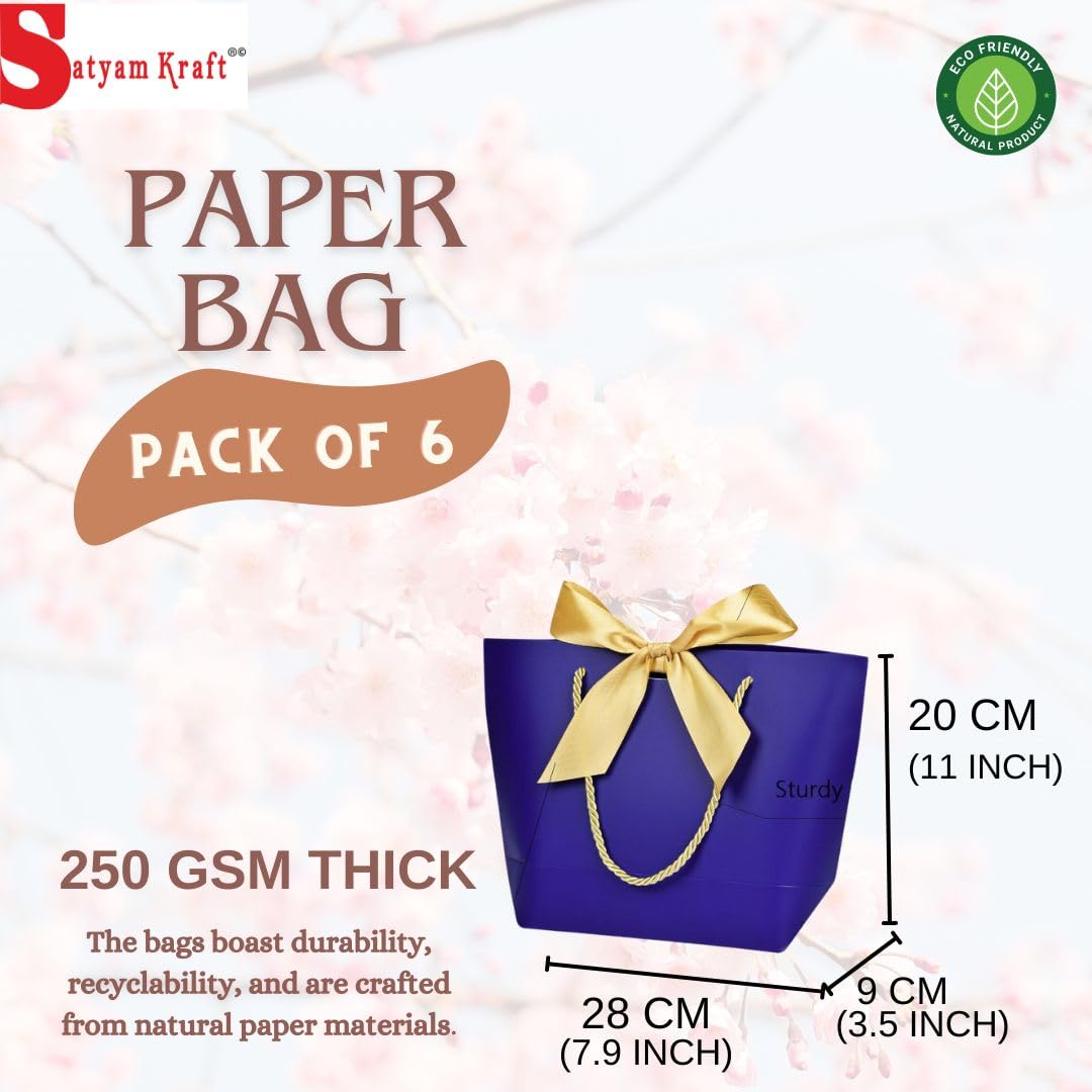 6-Pack Purple SATYAM KRAFT Gift Bags with Golden Bow Handles - Elegant Paper Goodie Bags for Christmas, Weddings, Birthdays & Parties | Perfect for Holiday Gifting, Wedding Favors & Seasonal Celebrations