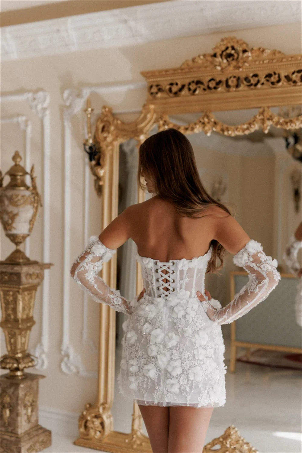 Elegant Floral Lace Appliques Prom Dress - Off Shoulder Mini Evening Gown with Detachable Sleeves for Homecoming, Wedding, Party & Special Occasions