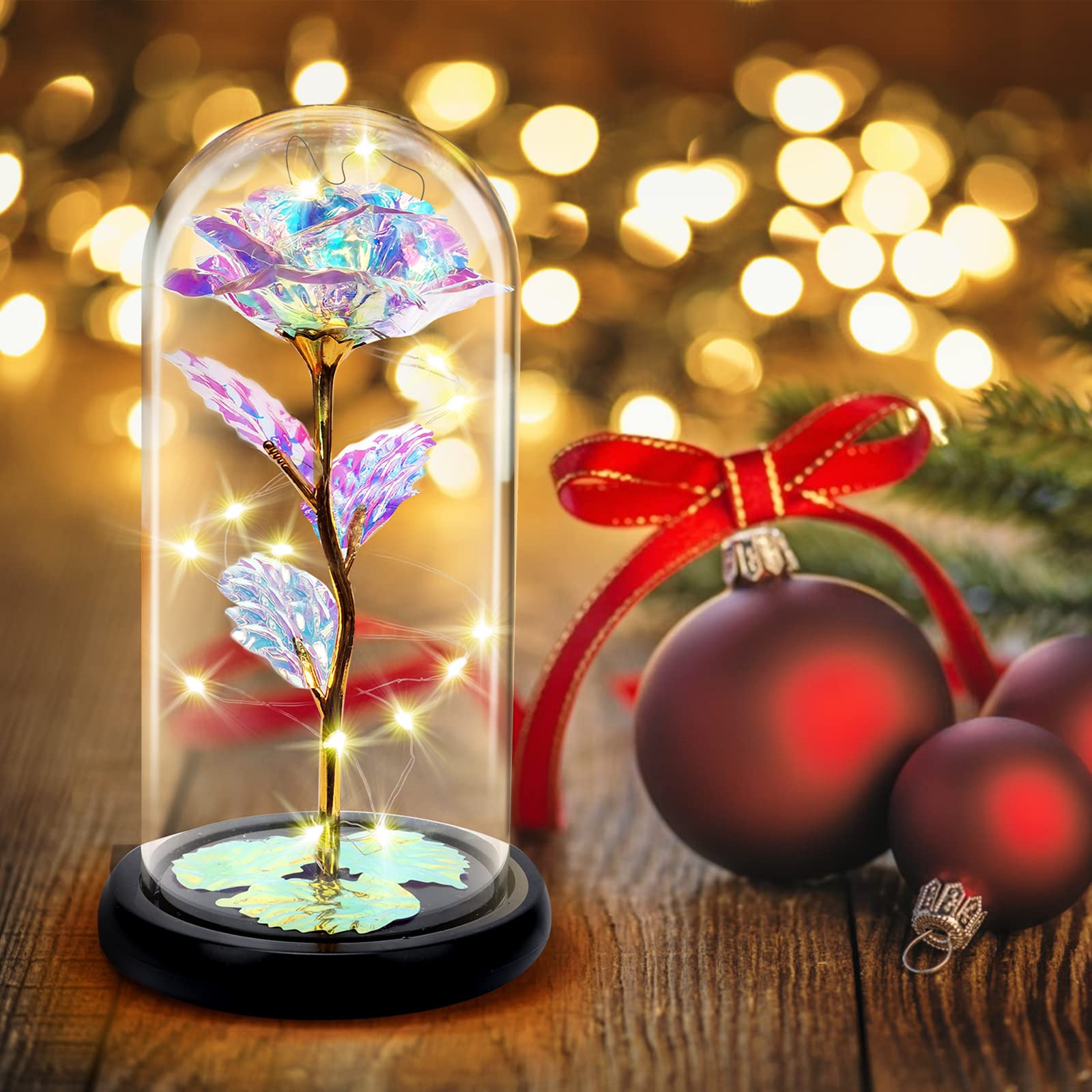 Beauty and The Beast Inspired Preserved Rose in Glass Dome with LED Lights - Galaxy Red Eternal Rose Gift for Women, Valentine's Day, Mother's Day, Wedding, Anniversary & Birthday - Perfect for Romantic Decor, Home Centerpiece, and Special Occasion Gifts (Color)
