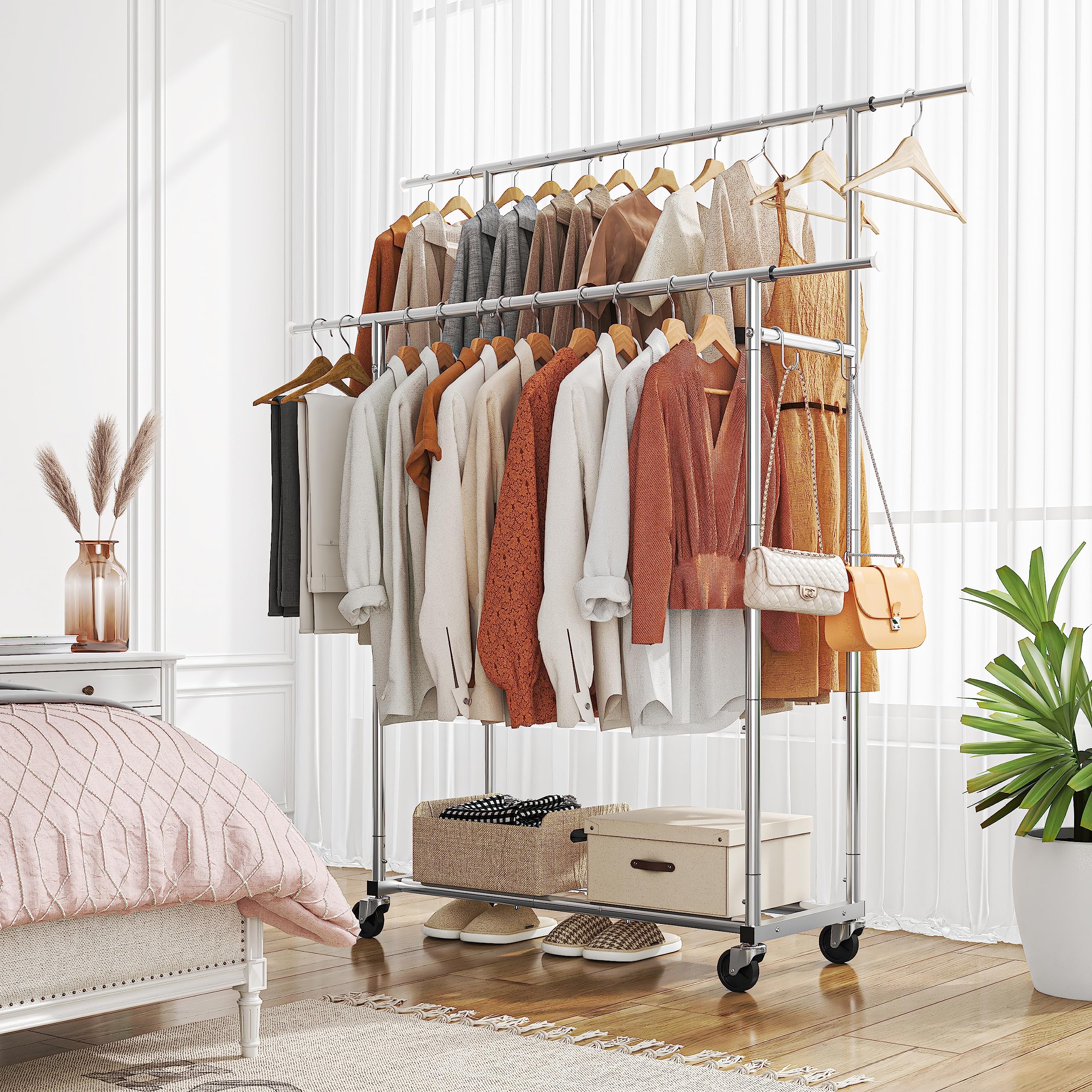Double Rod Rolling Garment Rack with Wheels & 4 Hooks - Chrome Clothes Organizer for Bedroom, Closet, Laundry Room or Retail Store Display