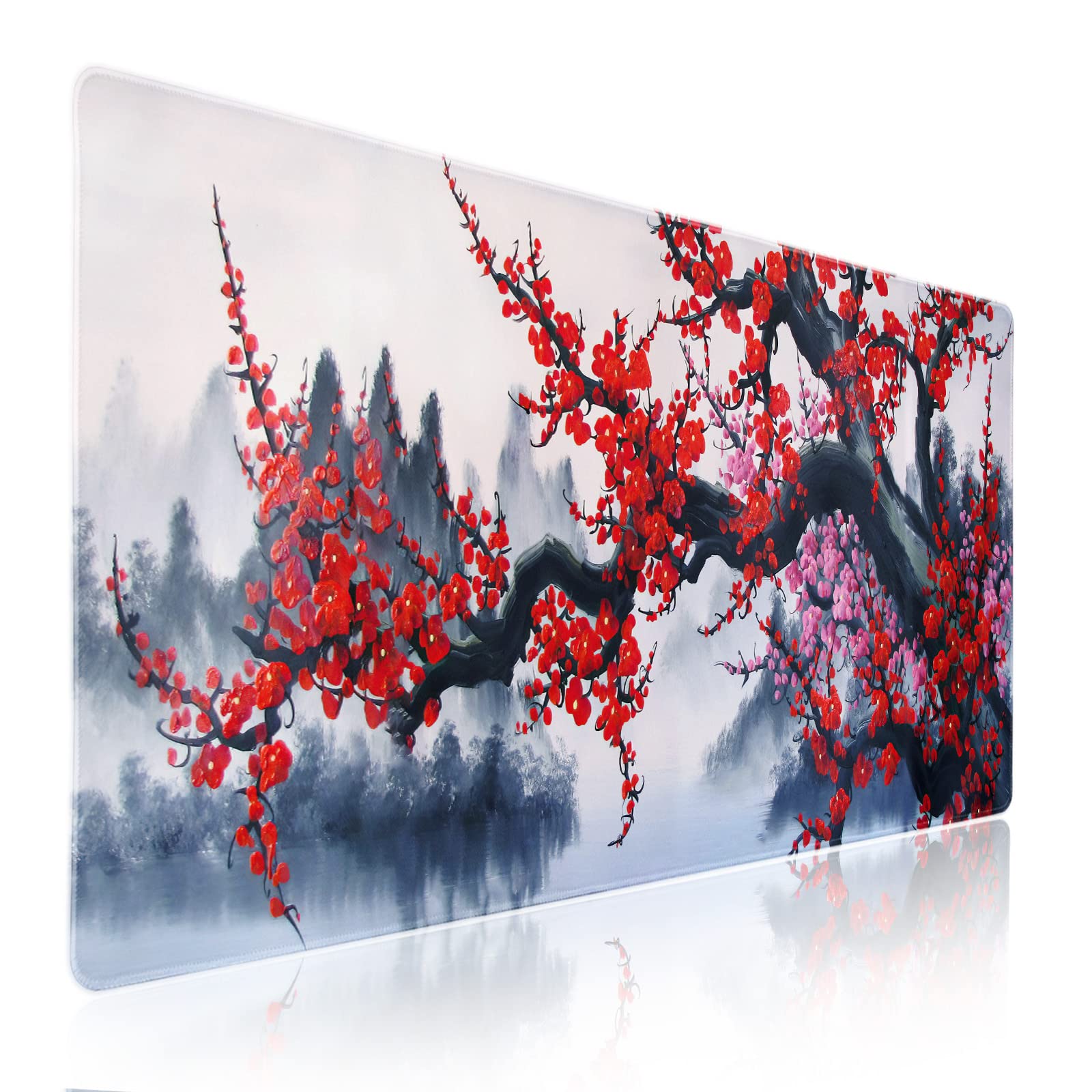 Japanese Cherry Blossom Watercolor Extended Mouse Pad - 90x40cm (35.4x15.7 Inch) Non-Slip Rubber Base Desk Mat with Stitched Edges for Gaming, Office & Home Use - Perfect for Keyboard, Laptop & Computer Workstations
